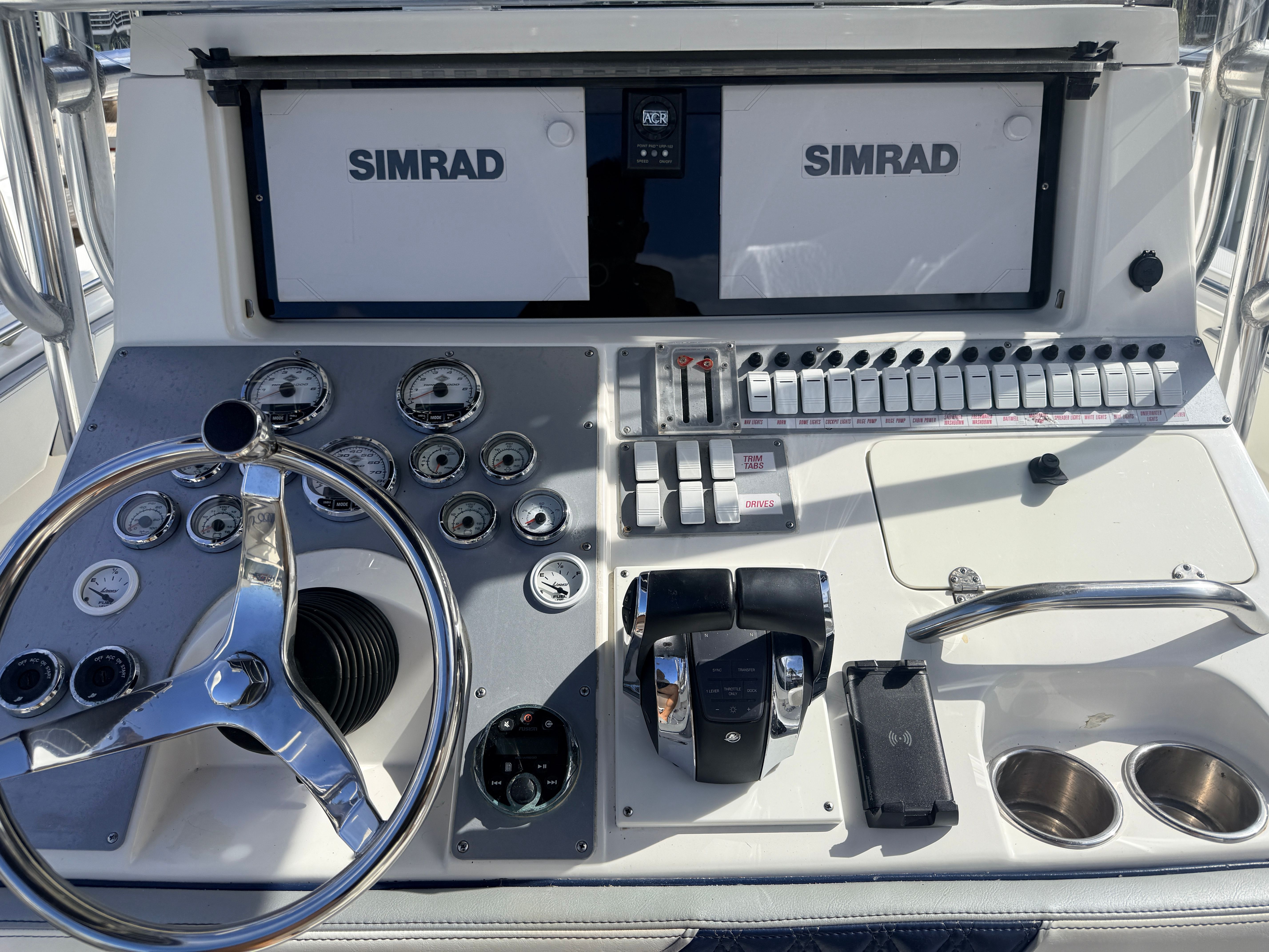Control console of a 2007 Fountain 32 Center Console boat.