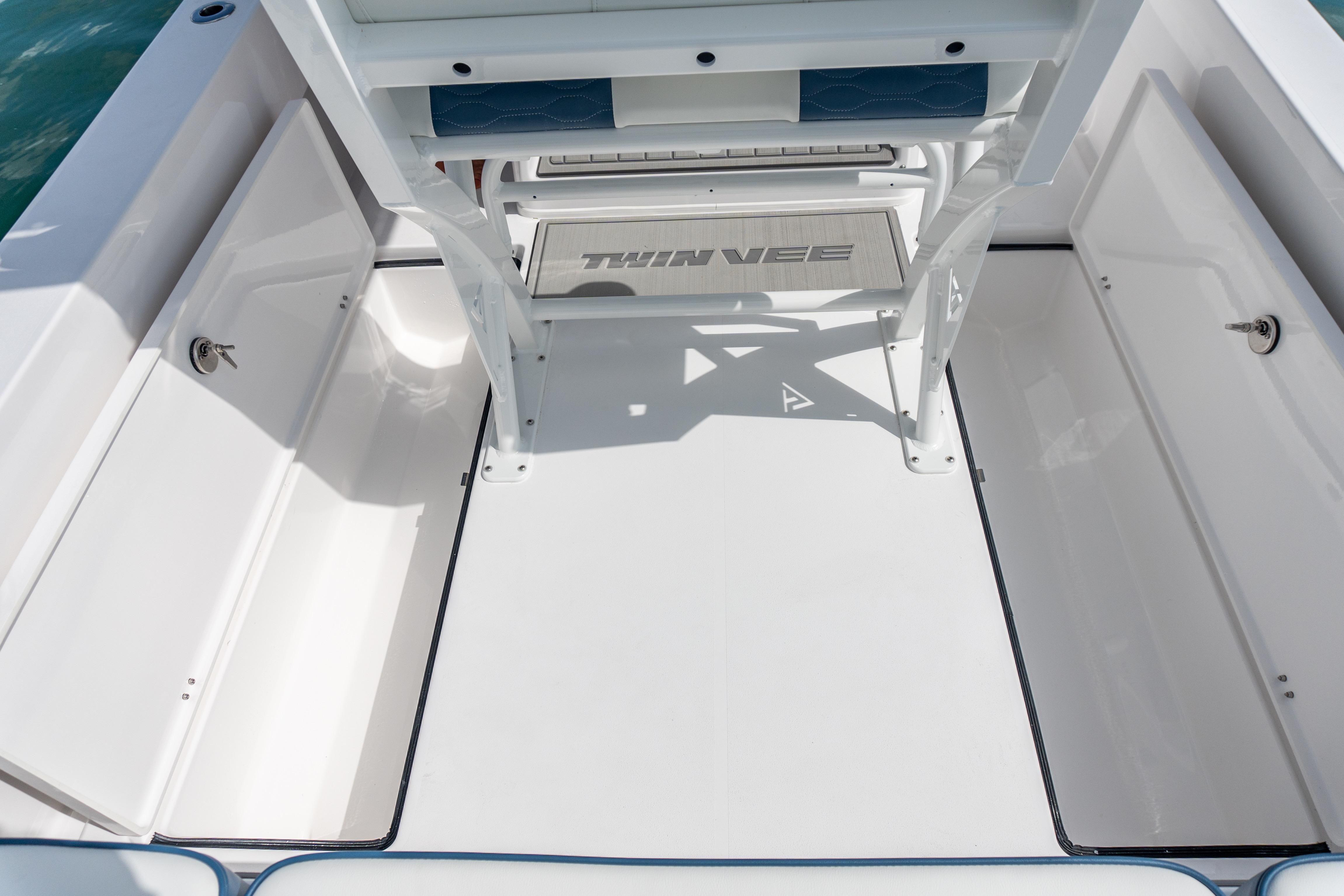 2026 Twin Vee 22 BayCat boat interior with spacious deck and storage compartments.