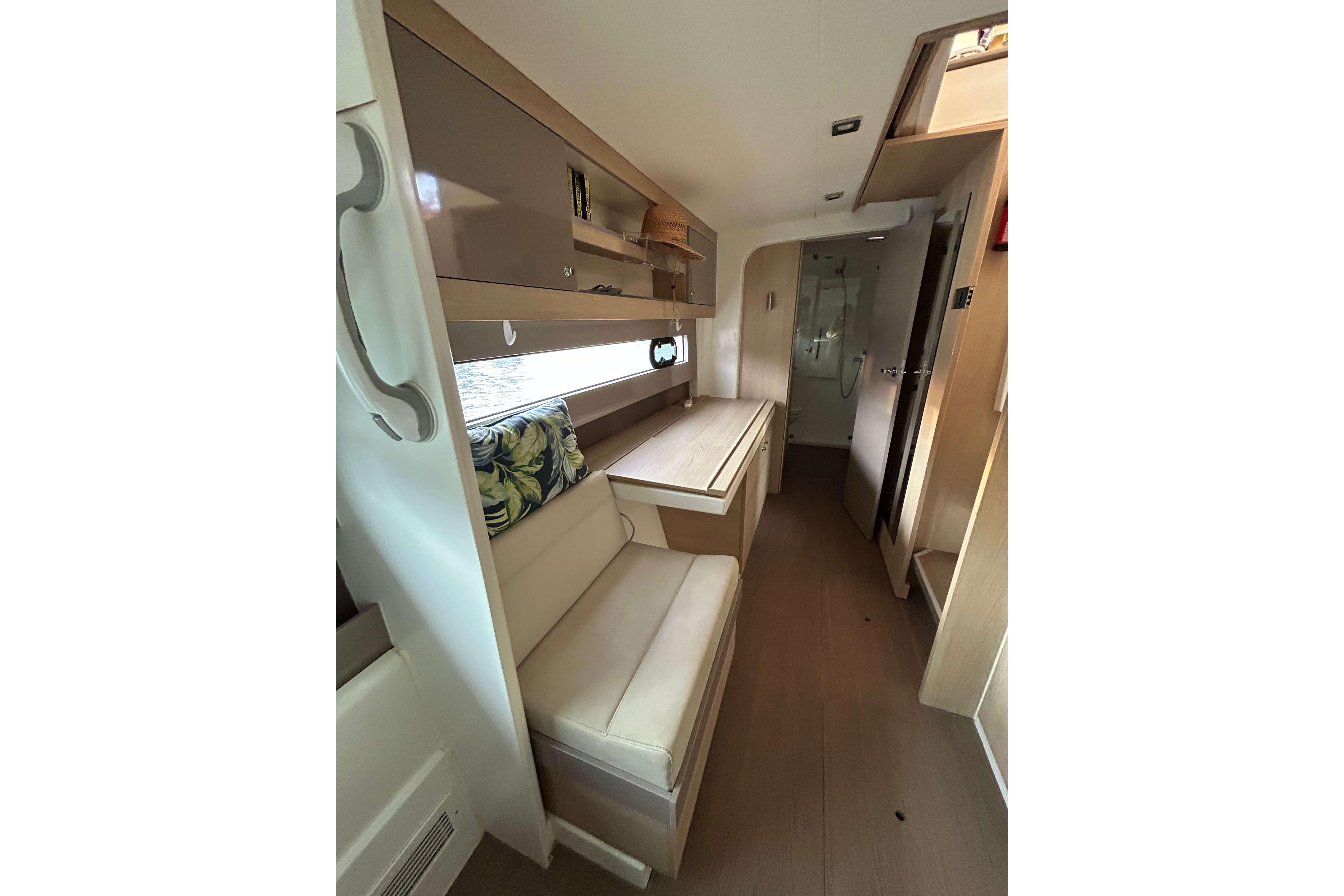 Interior of 2018 Bali 4.1 yacht, featuring seating and modern cabinetry.