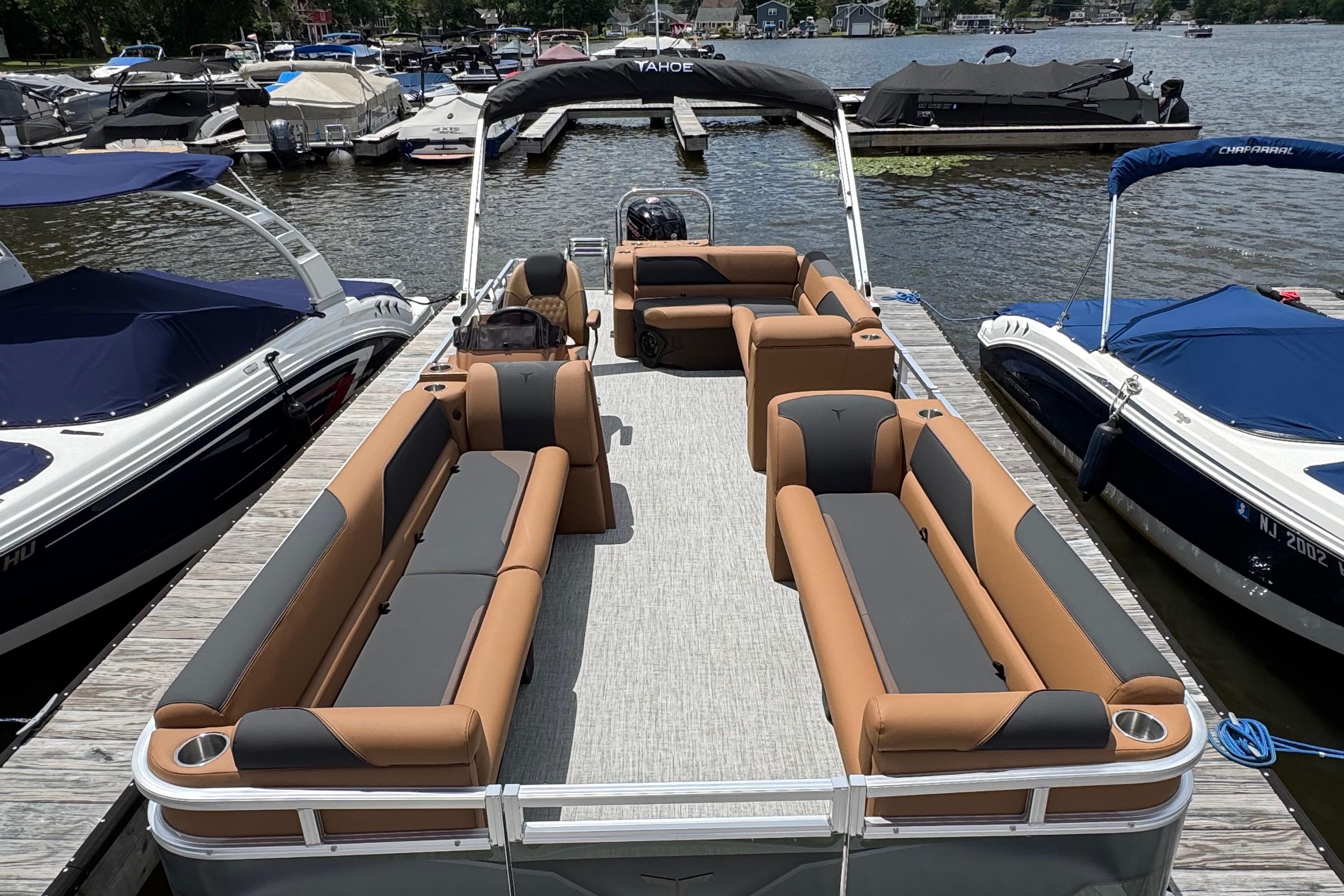 2026 Tahoe Pontoon Sport 85 Cruise Rear Bench 23 docked at marina.