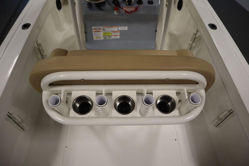 2026 Bayliner Trophy T20CC boat interior with rod holders and seating.
