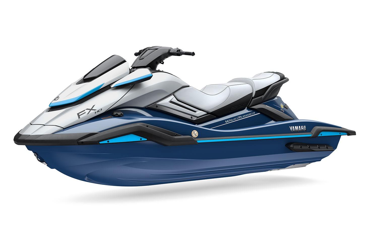 Manufacturer Provided Image: 2026 Yamaha WaveRunner FX HO, sleek design, blue and white color scheme, side view.