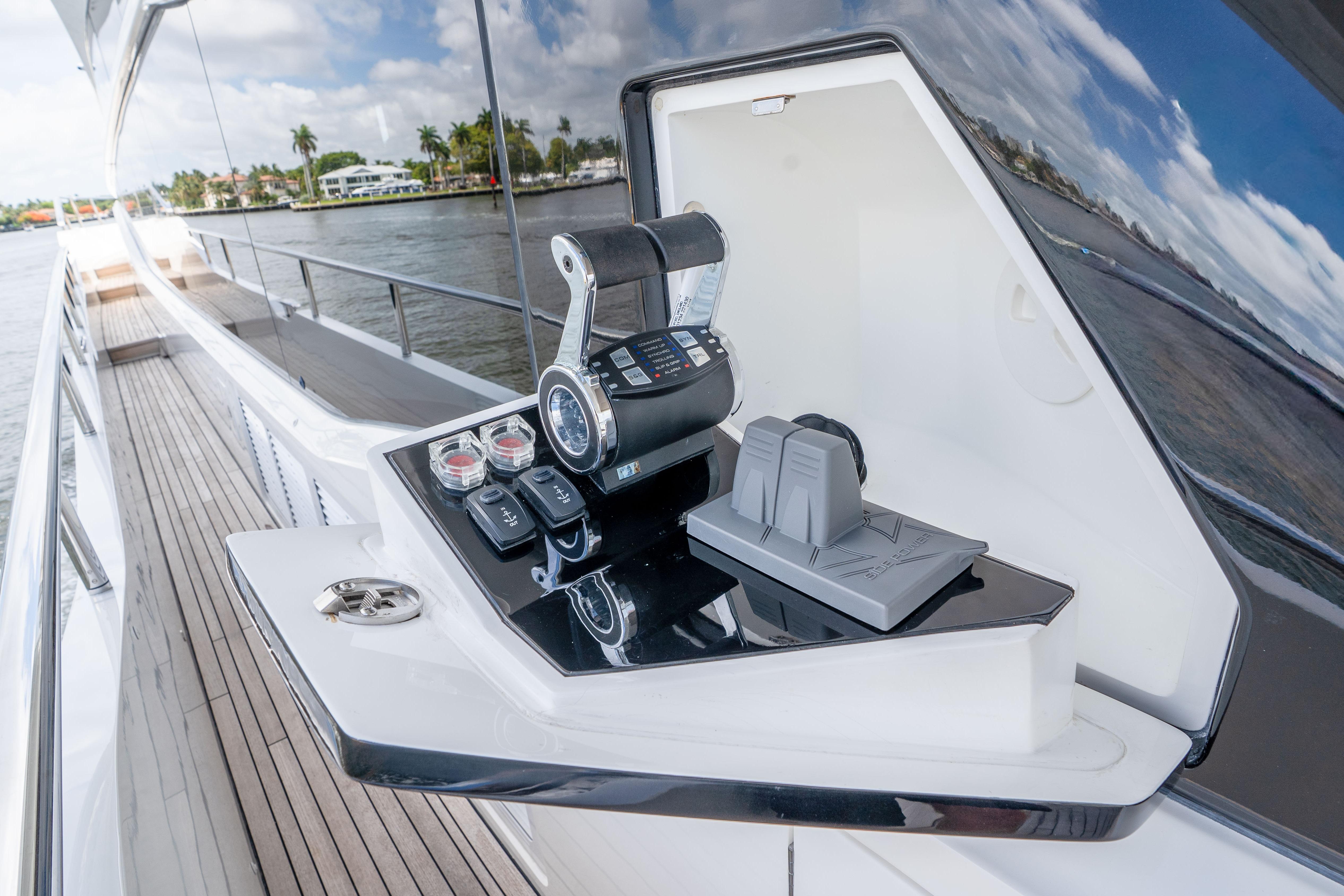 Control panel on a 2020 Princess Y85 yacht, featuring sleek design and advanced navigation controls.