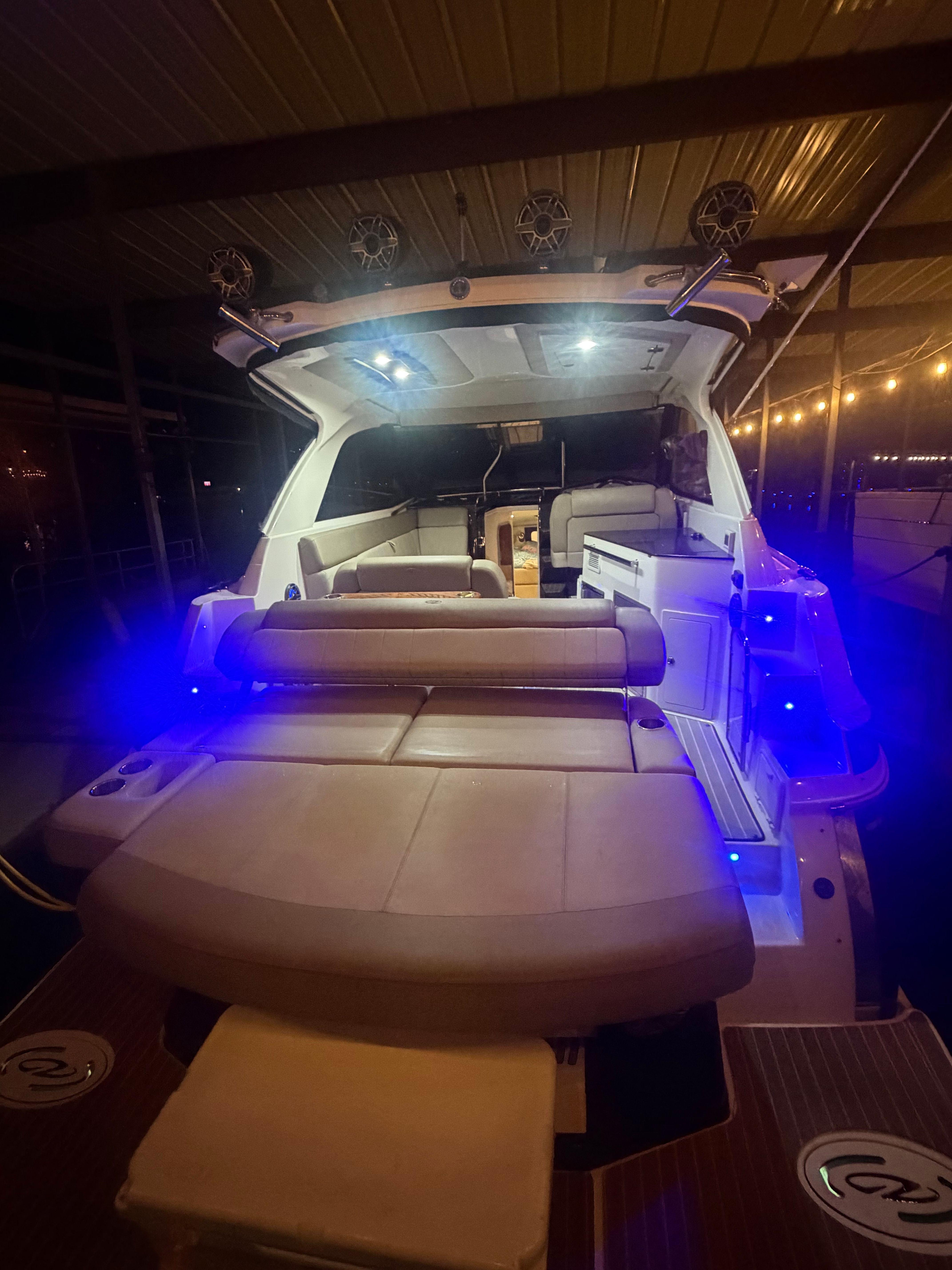 2015 Regal 35 Sport Coupe with blue lighting, interior view.