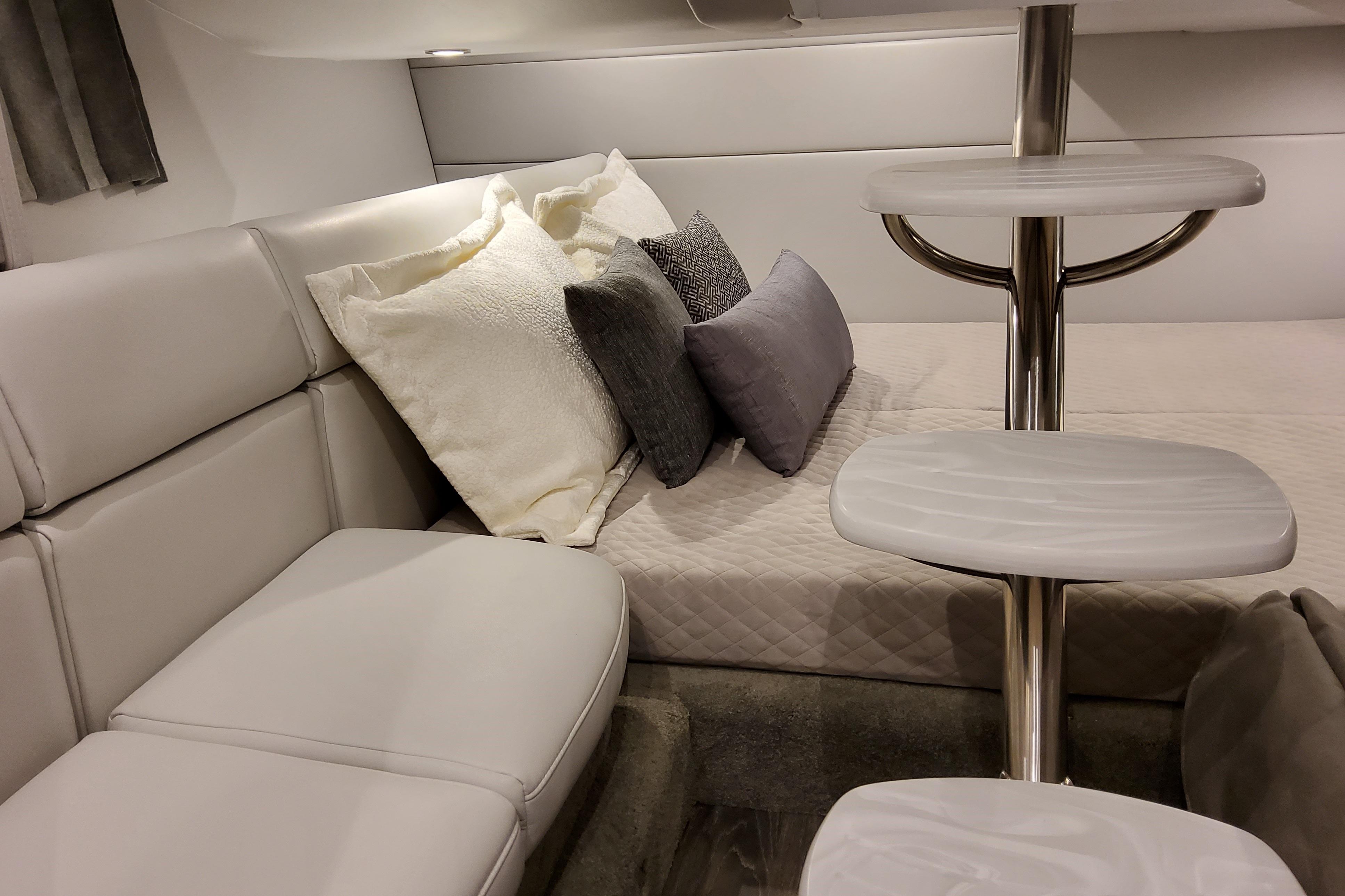 Luxurious interior of 2027 Formula 350 Crossover Bowrider I/O with plush seating and modern design.