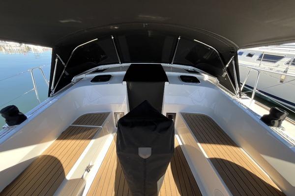 2025 Hanse 360 yacht cockpit with sleek design and wooden flooring.