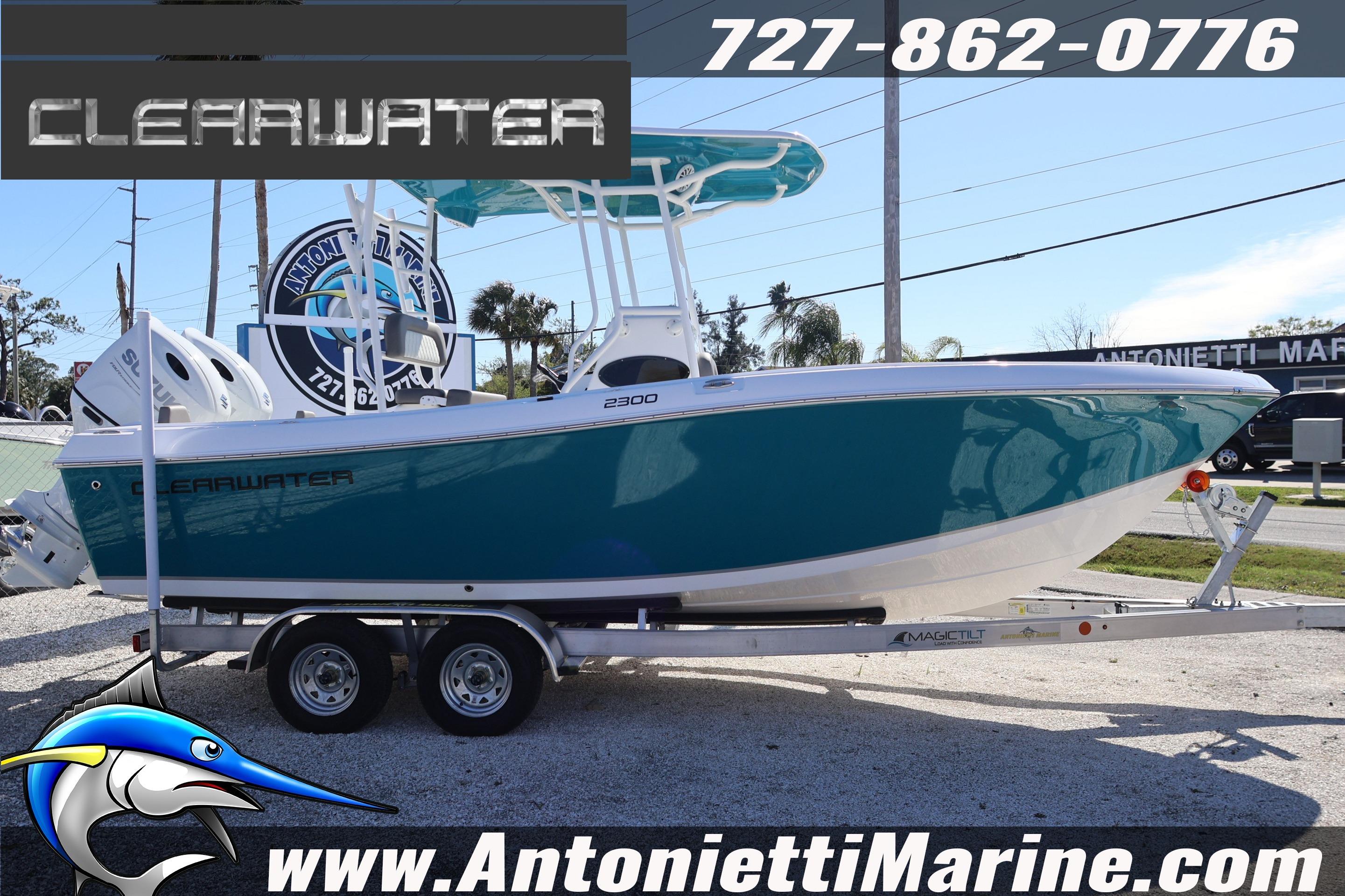 2026 Clearwater 2300 boat on trailer at Antonietti Marine dealership.
