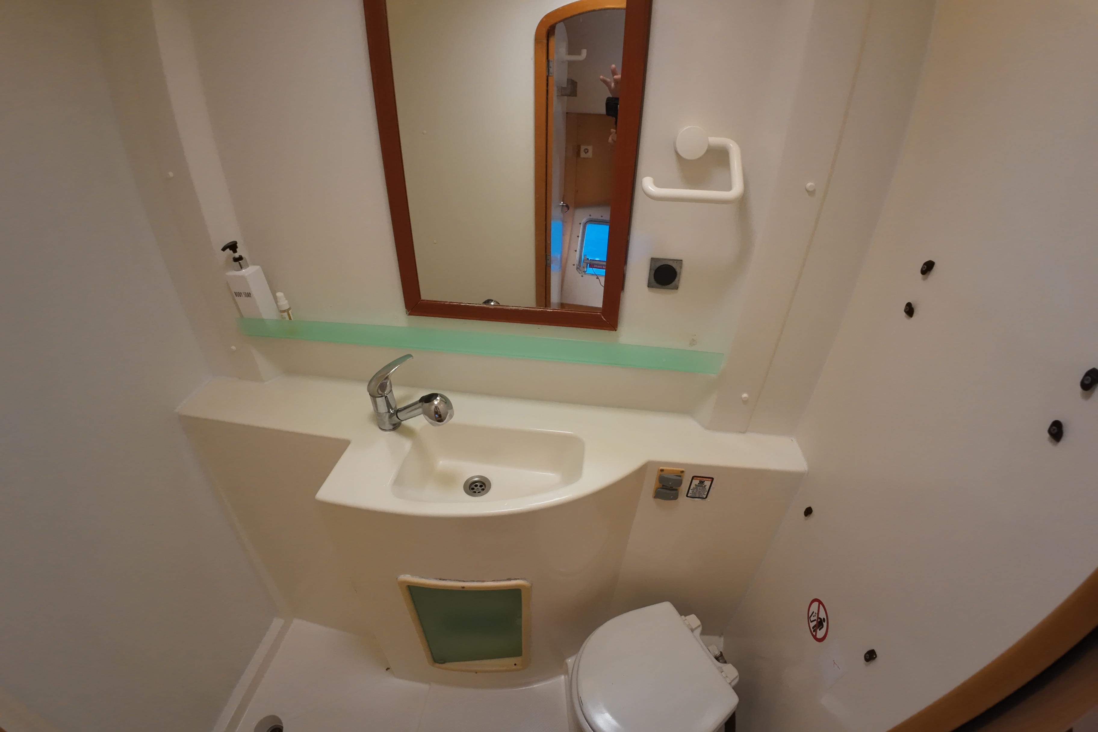 Bathroom interior of 2009 Fountaine Pajot Orana 44 catamaran with sink and mirror.