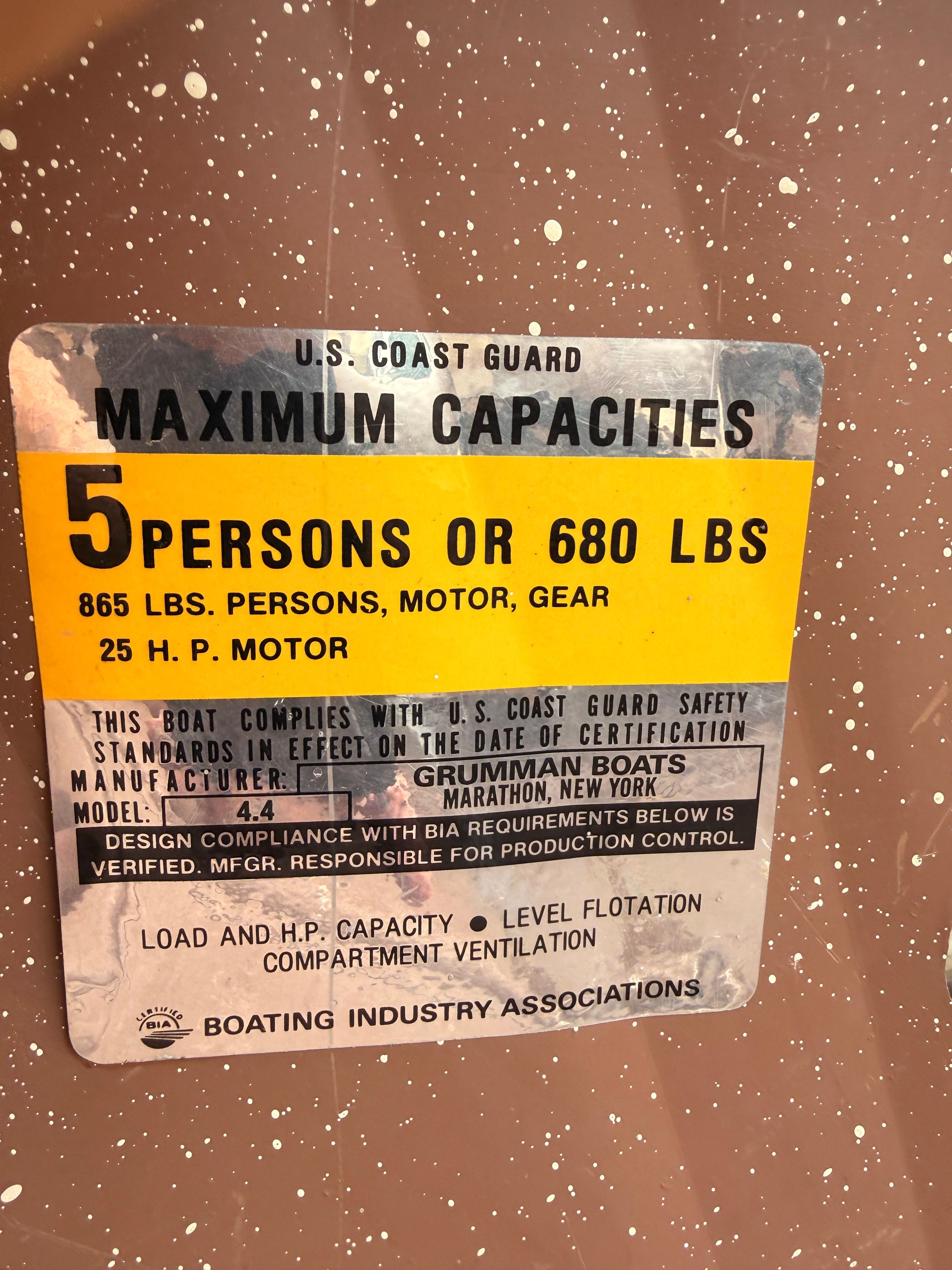 1985 Grumman 4.4 boat with a capacity of 5 persons or 680 pounds.