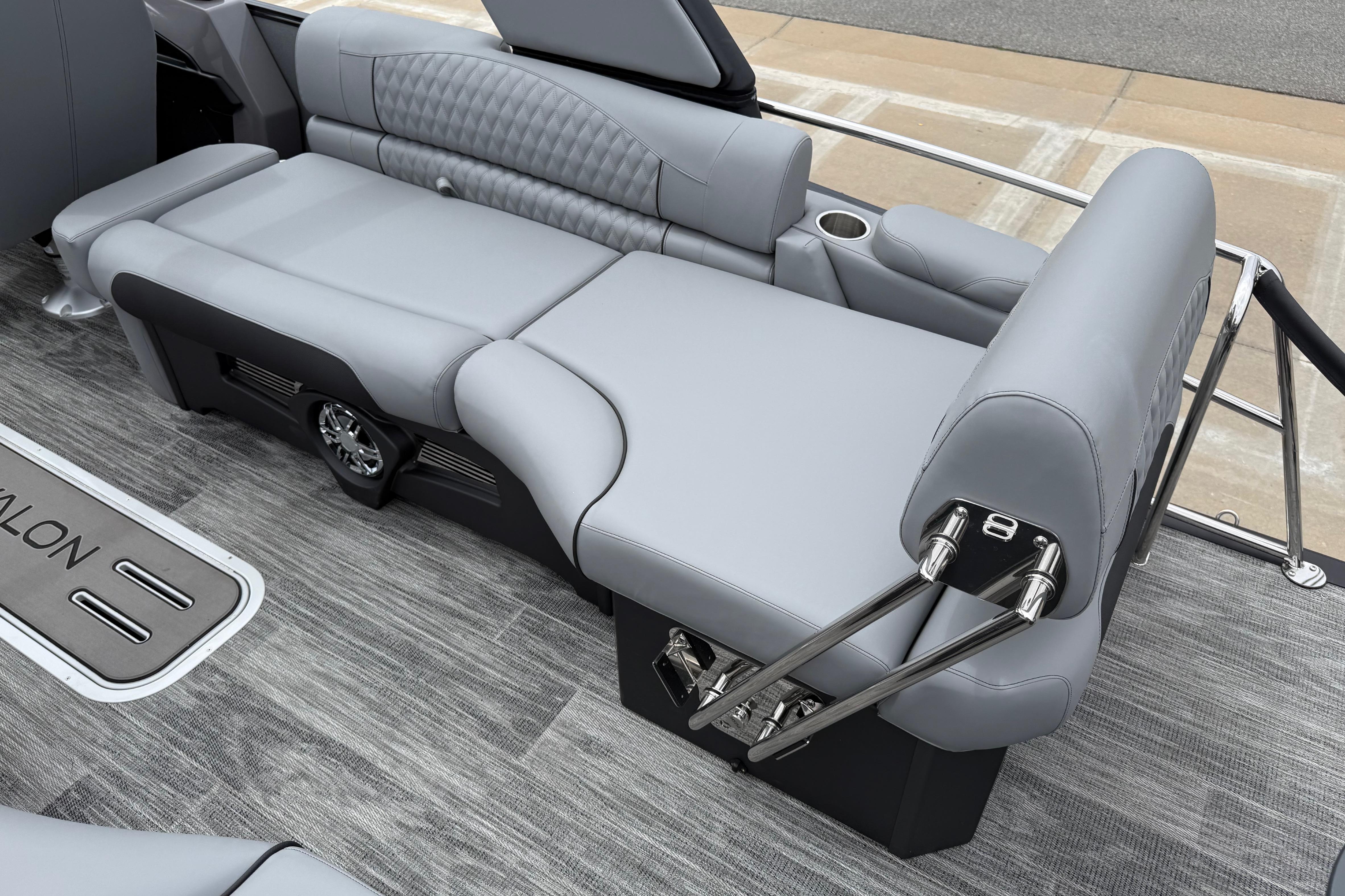 2026 Avalon Excalibur LTD Quad Lounge Windshield with luxurious gray seating and modern design.