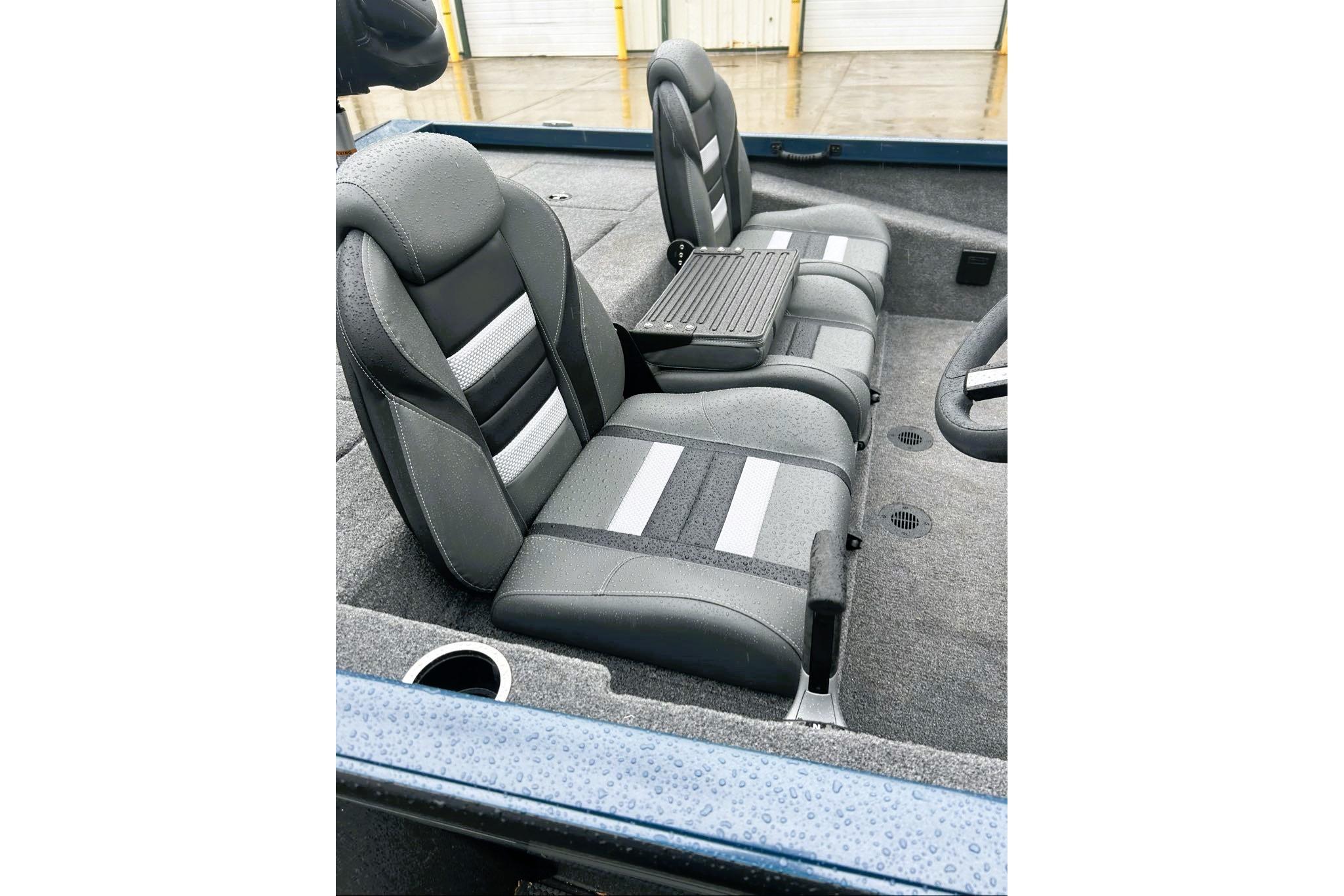 2026 Ranger RT188P boat interior with gray and black seating, featuring modern design and comfort.