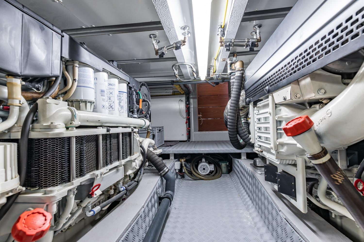 Engine room of 2013 Valk Continental 2000 Aluminium yacht, showcasing mechanical components and systems.