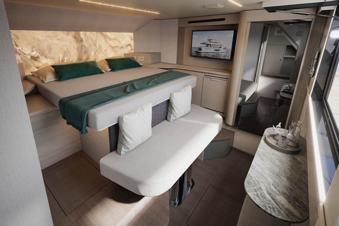 Luxurious interior of 2026 Absolute Navetta 66 yacht with modern bedroom design.