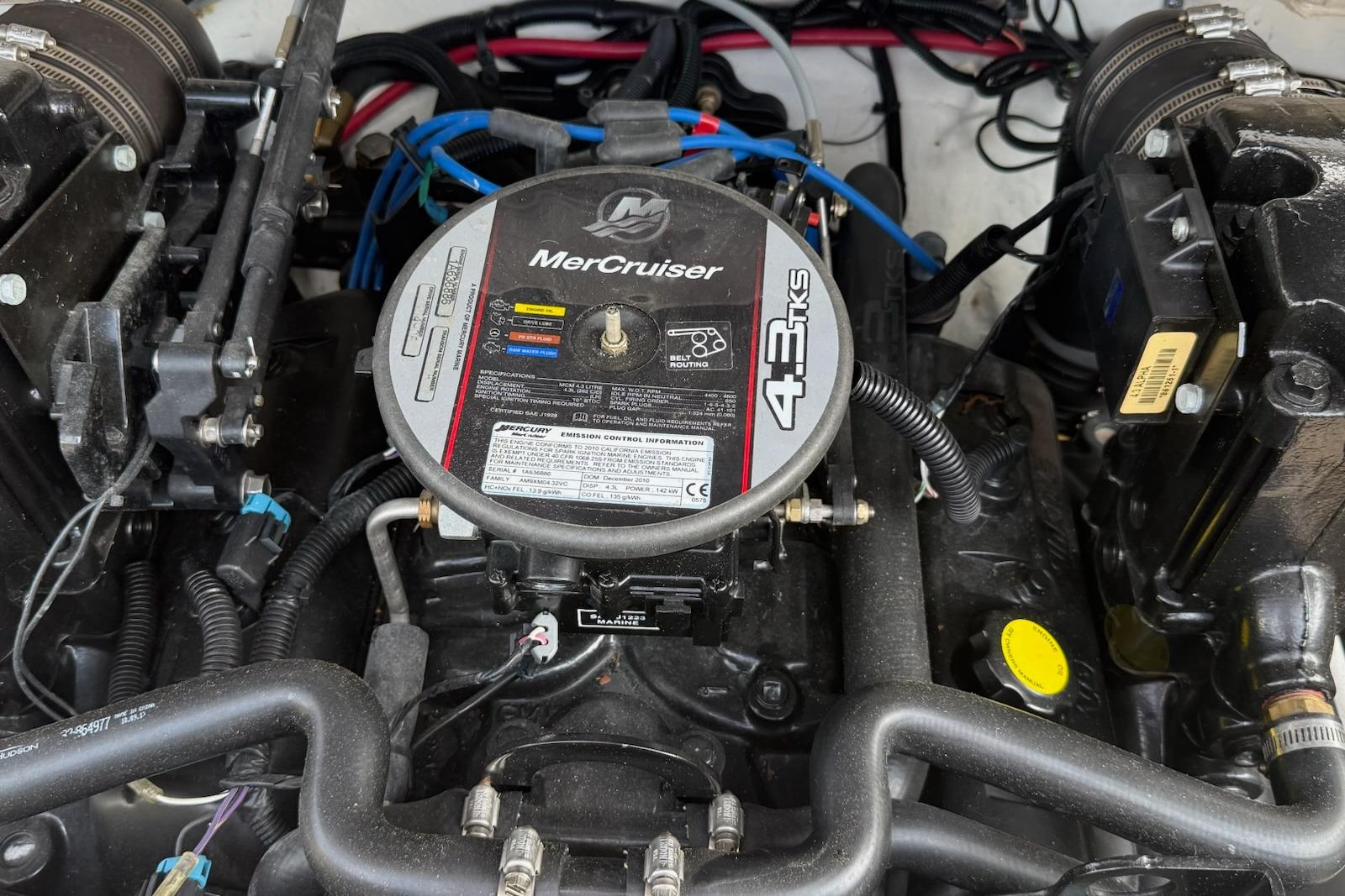 MerCruiser 4.3L engine in a 2012 195 SS boat, detailed view of components.