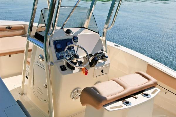 Manufacturer Provided Image: 2020 Scout 195 Sportfish boat interior with steering console and seating.
