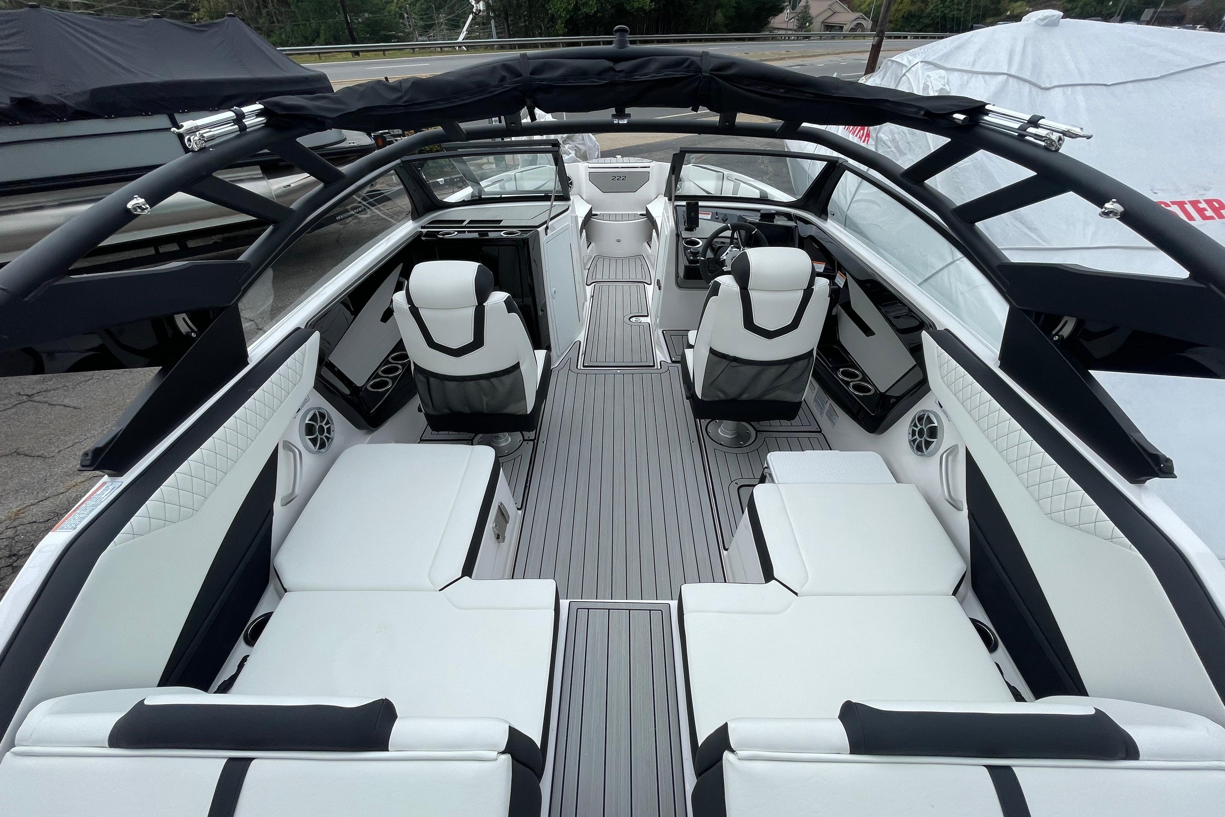 2026 Yamaha Boats 222S interior, featuring sleek seating and modern design elements.