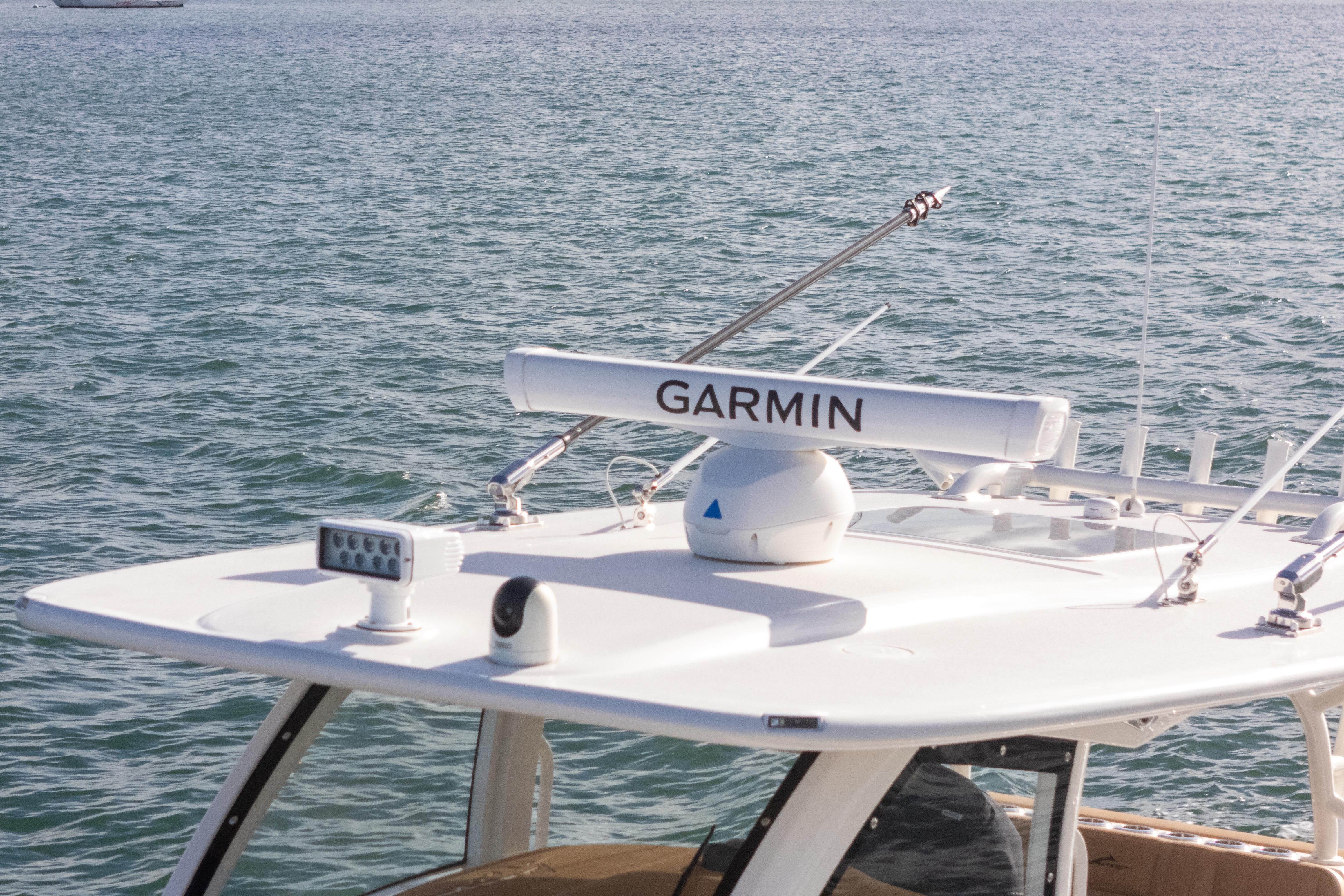 2026 Blackwater 41 Performance Fish boat with Garmin radar on calm water.