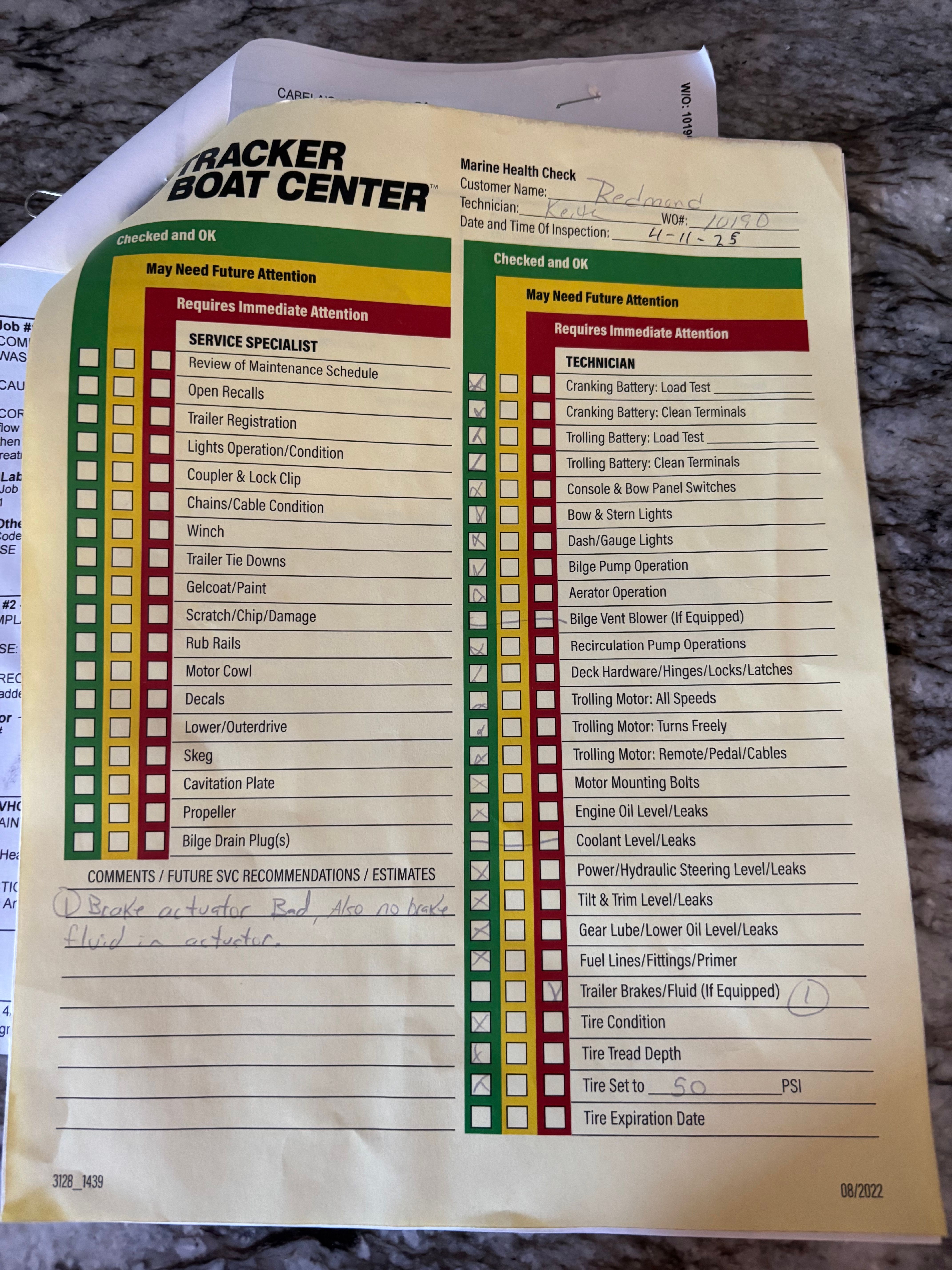 An inspection report for a boat with various maintenance and repair items.