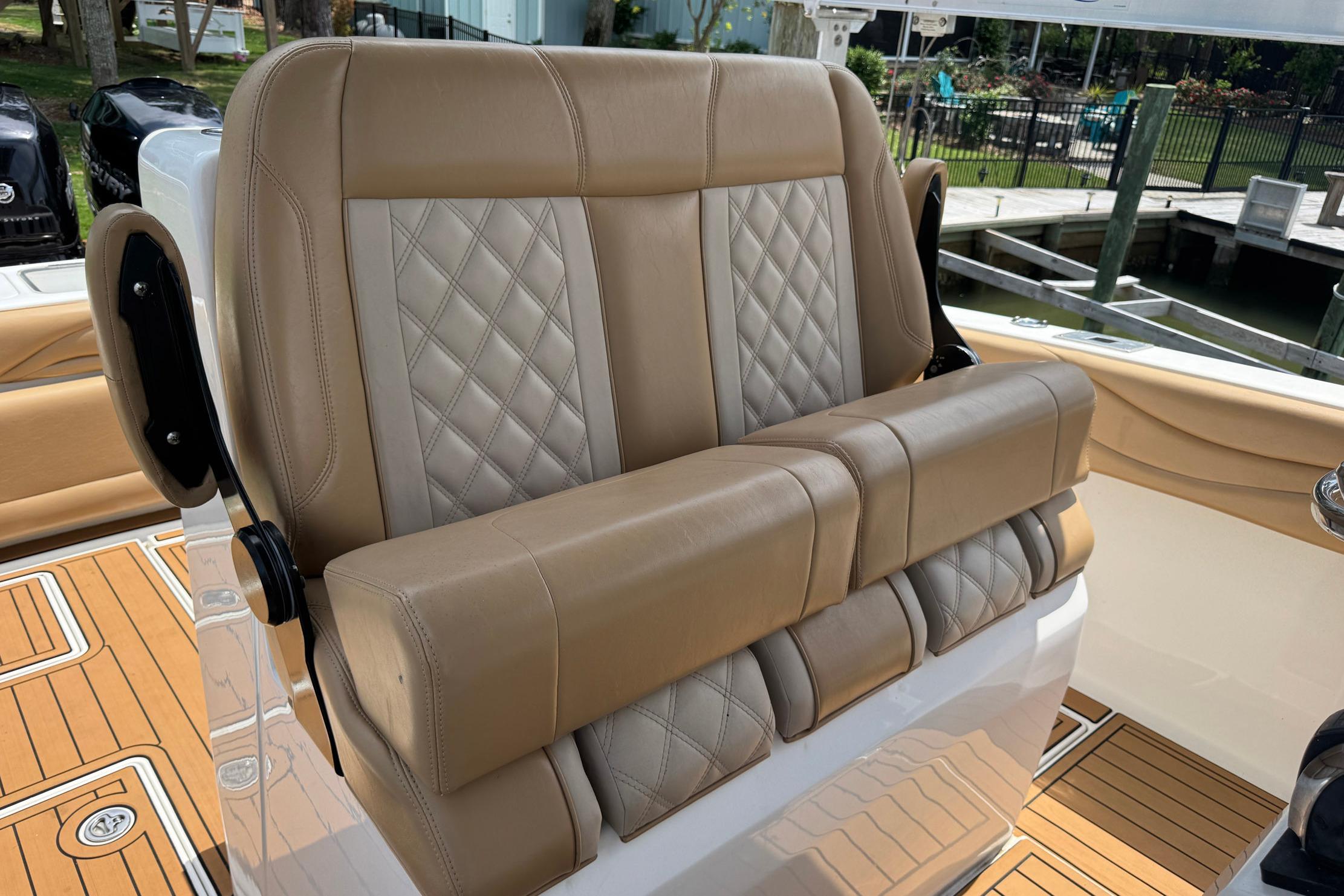 Luxurious tan leather boat seating on a 2007 Spectre 34 model.