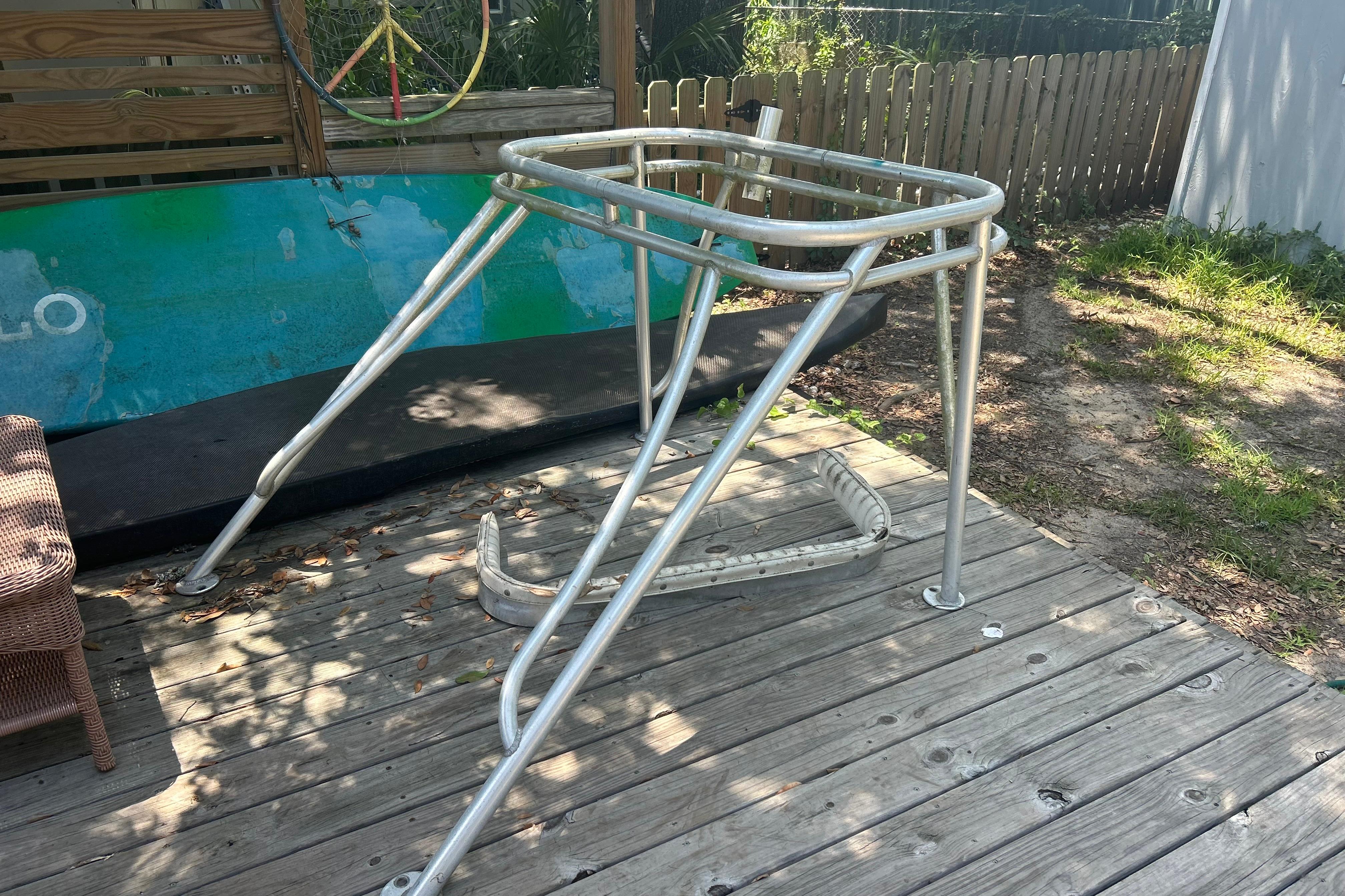 Aluminum boat tower on wooden deck, Grady-White Seafarer 226, 1987 model.