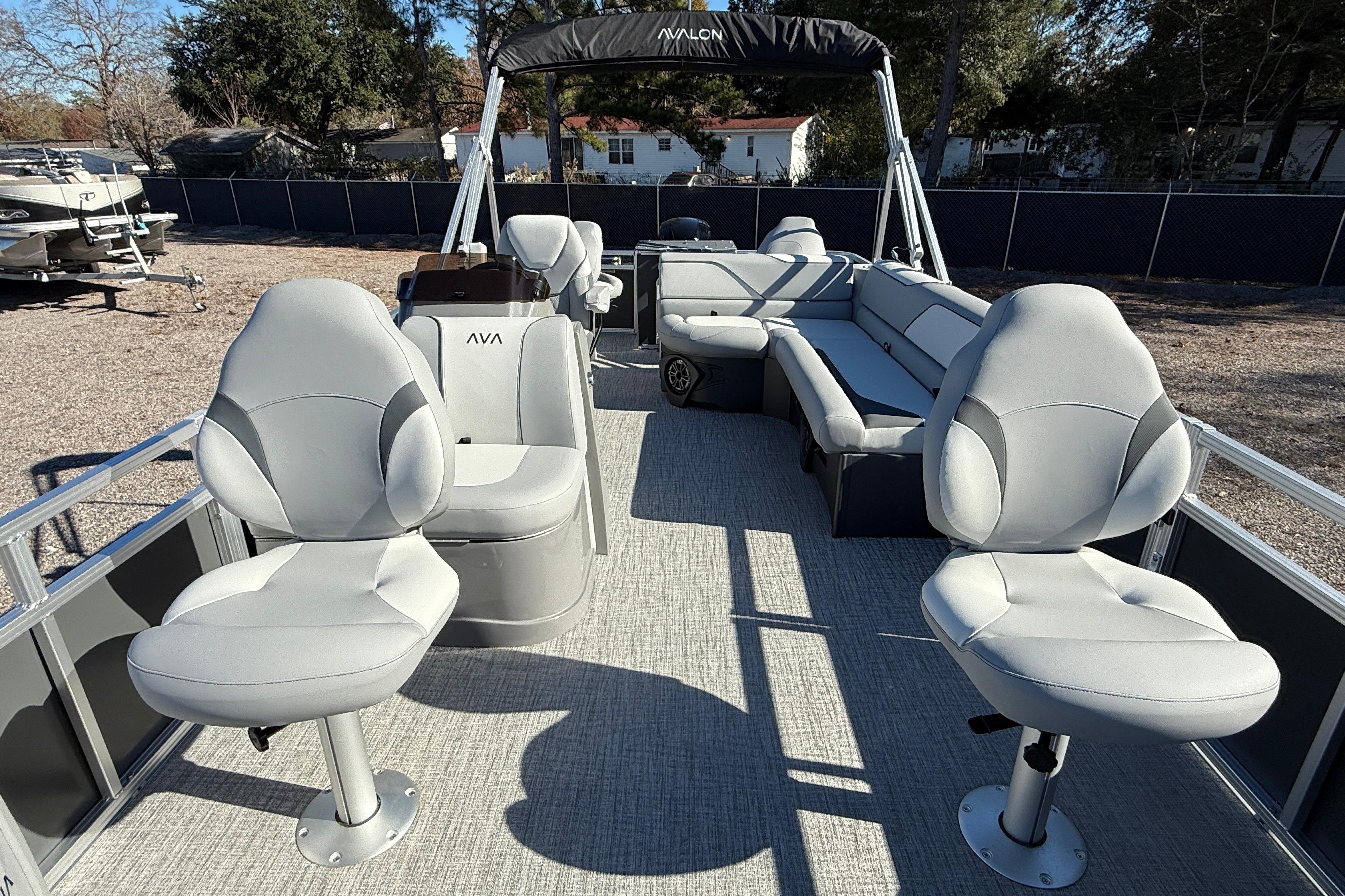 2026 Avalon VENTURE 85 QUAD pontoon boat with spacious seating and modern design.