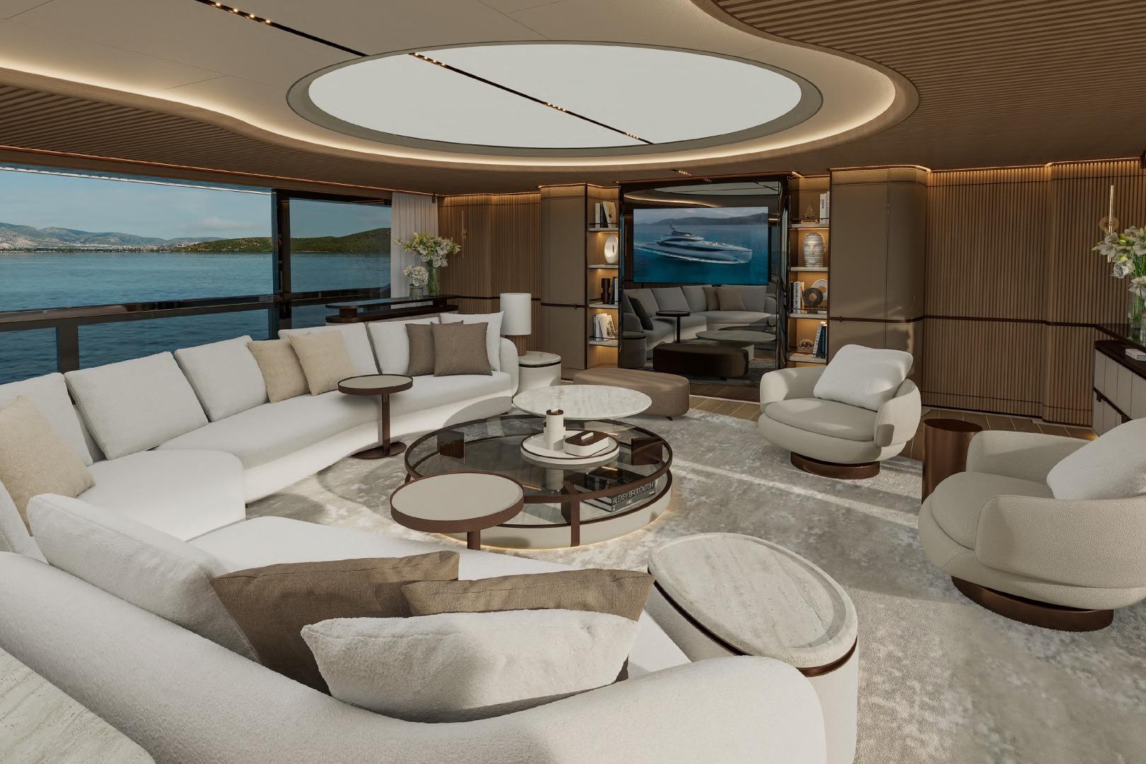 Luxurious interior of 2027 ISA Gran Turismo 66 yacht with elegant seating and panoramic ocean views.