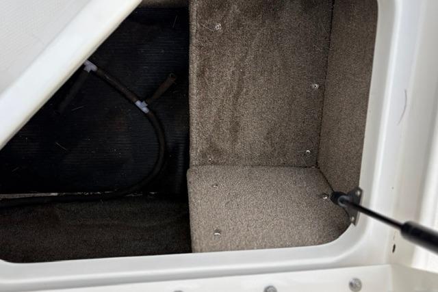 Storage compartment of a 2017 Searay SPX210 boat, featuring carpeted interior and hydraulic support.