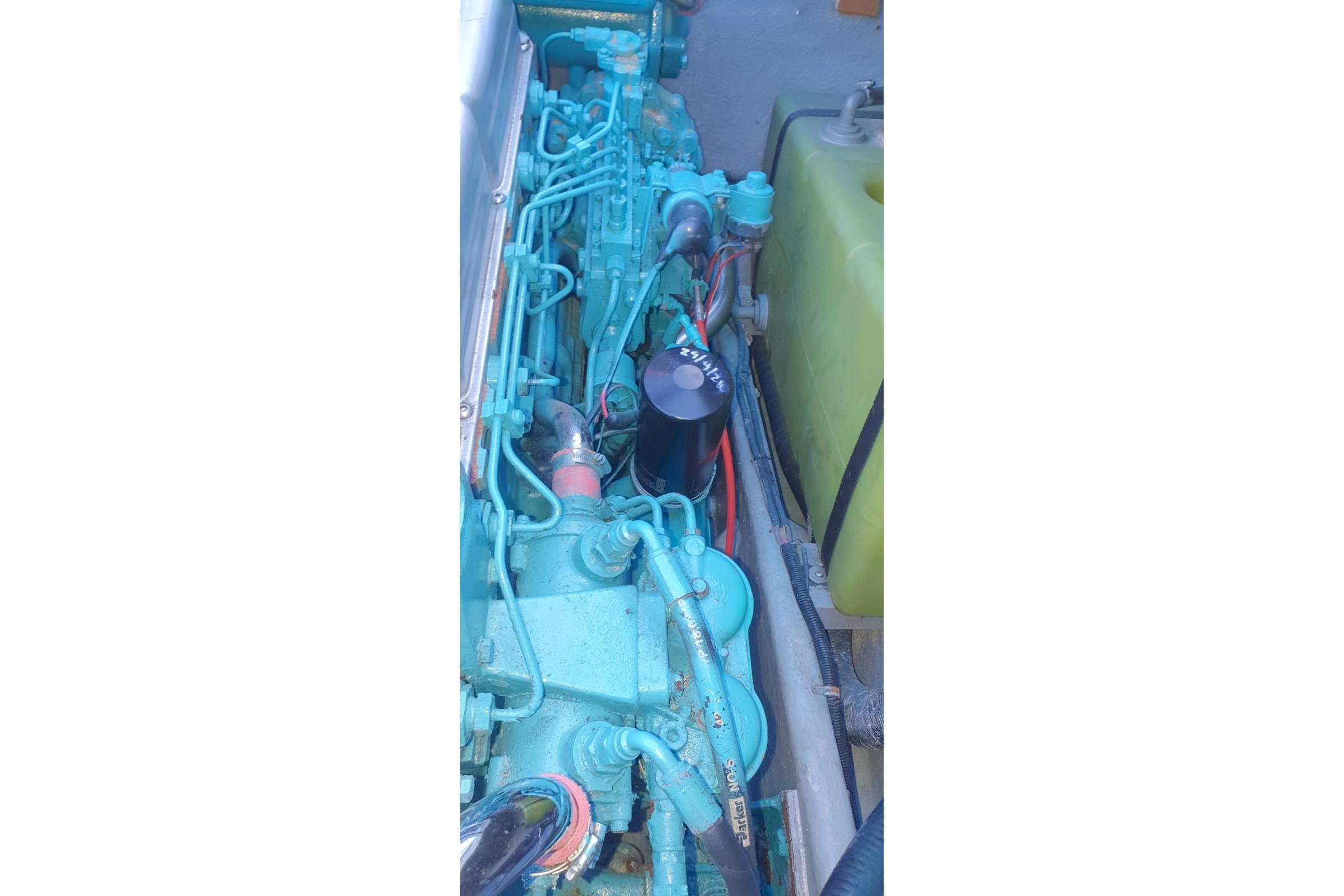 Engine of 1989 Fairey Spearfish MKIII, showcasing intricate mechanical components.