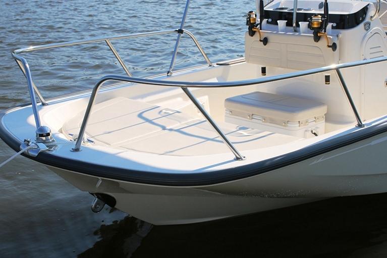 Manufacturer Provided Image: 2022 Boston Whaler 150 Montauk boat on water, front deck view.