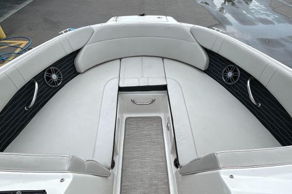 2023 Sea Ray SPX 230 boat interior with white seating and black accents.