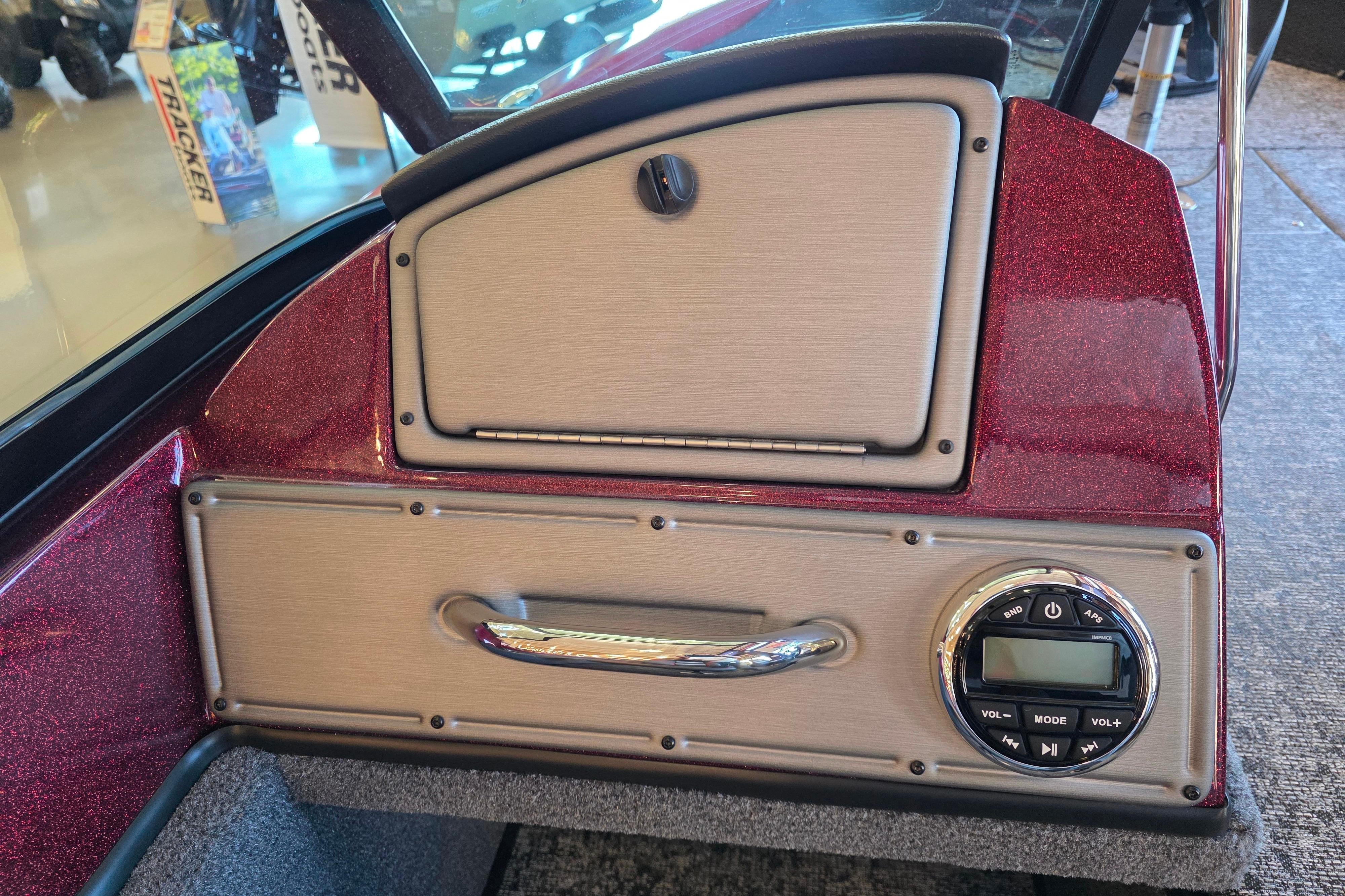 2026 Ranger VS1782SC Reata boat dashboard with control panel and storage compartment.