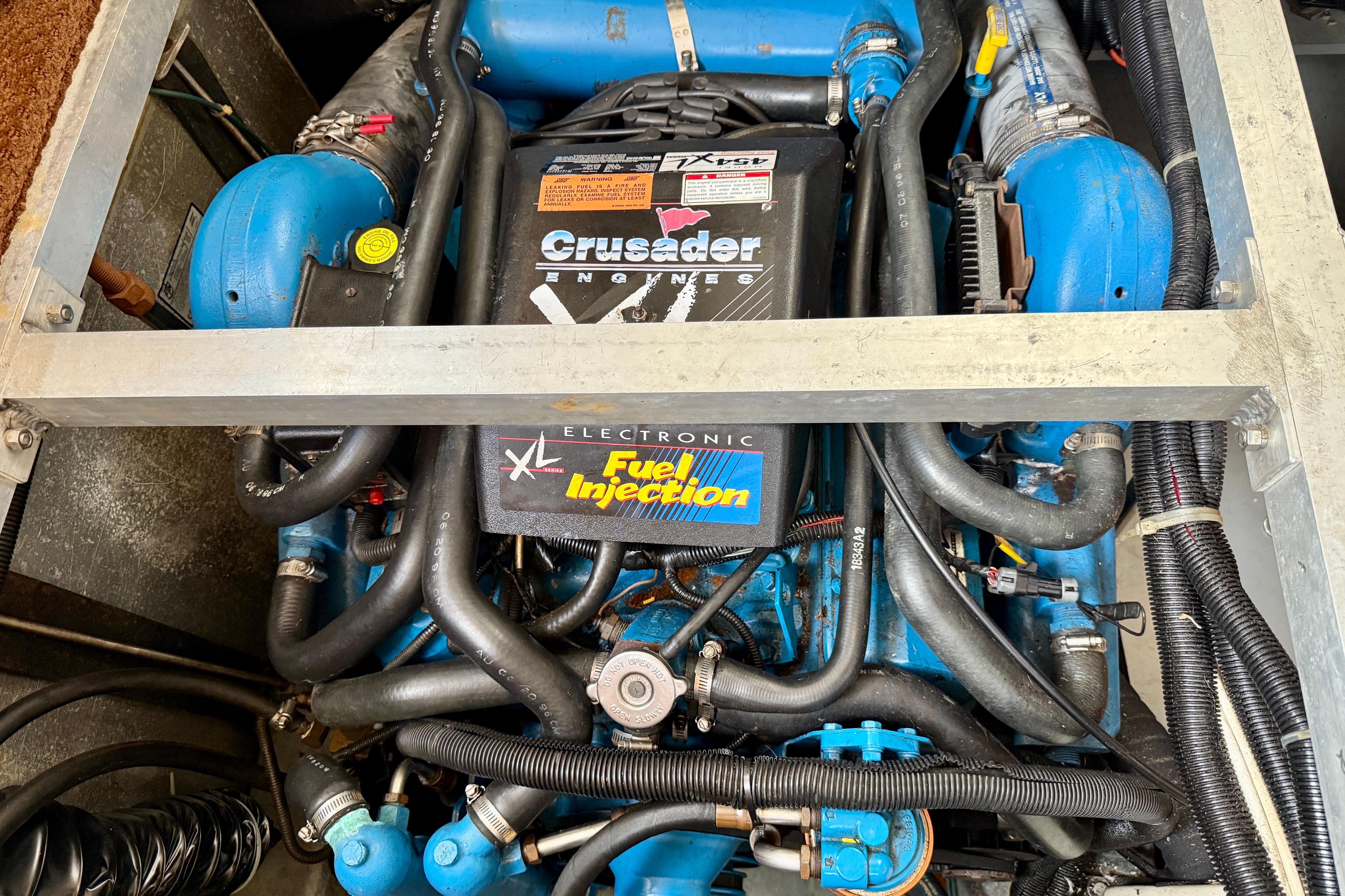 Engine compartment of a 1997 Carver 355 Aft Cabin Motor Yacht with Crusader engine.