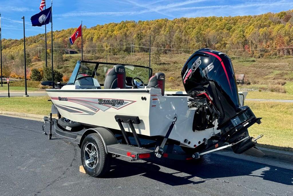 2026 Ranger VS1682SC Angler boat on trailer, scenic background, flags waving.
