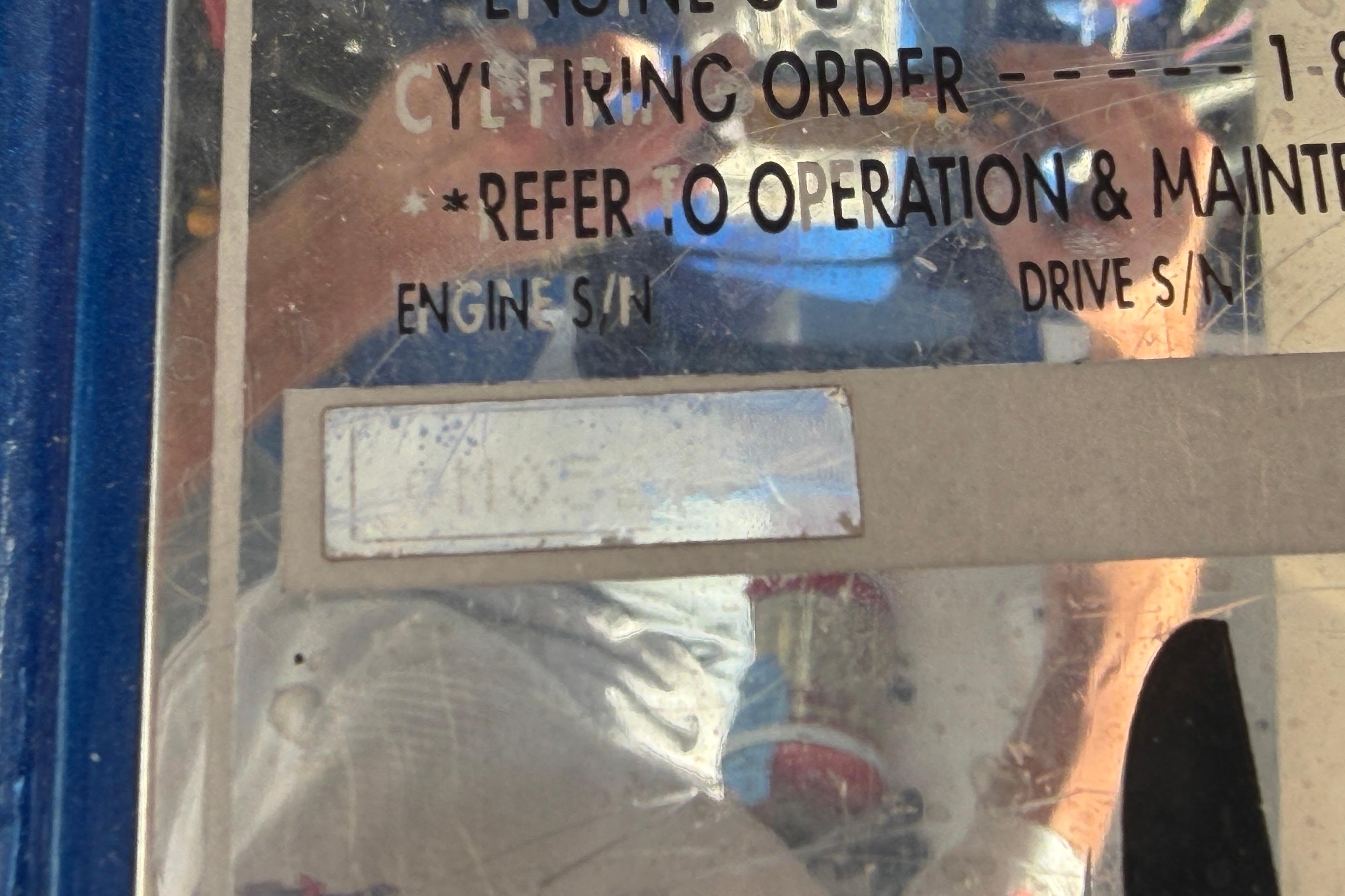 Close-up of a 2002 Cigarette 35' Cafe Racer engine information plate.