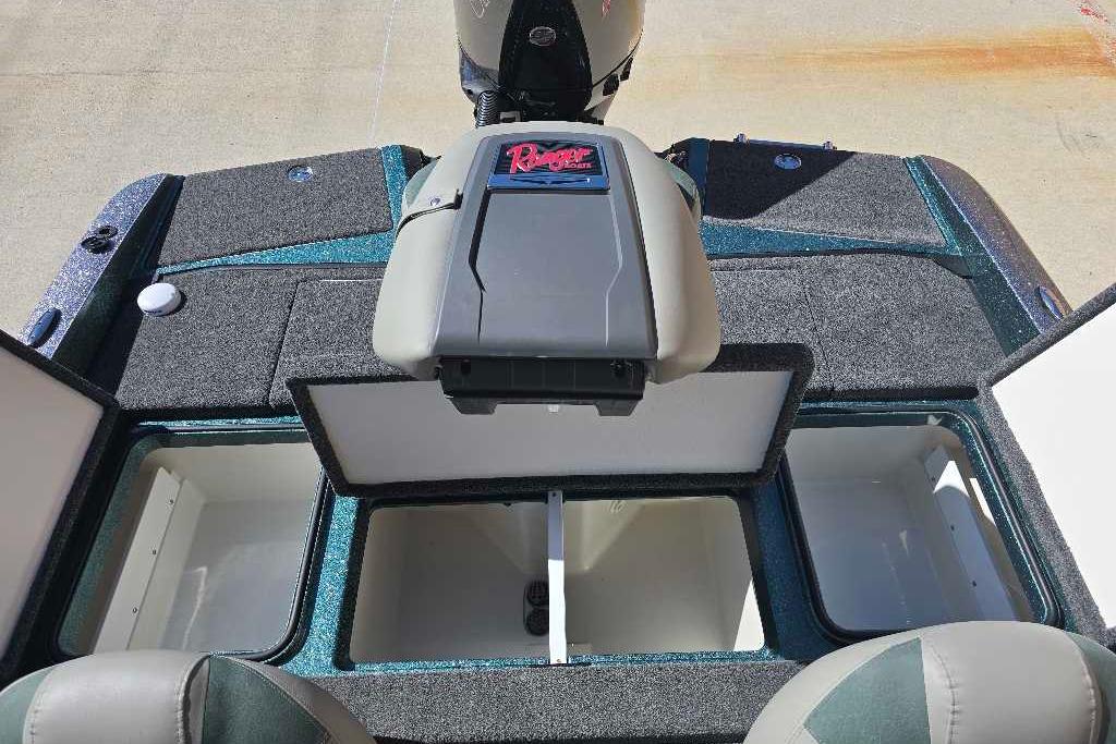 2026 Ranger 212LS boat storage compartments with open lids, showcasing spacious interior.
