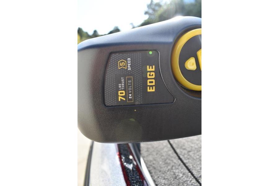 Close-up of a 2026 Triton 179 TrX boat control panel, showing 70 lbs thrust and 24 volts.