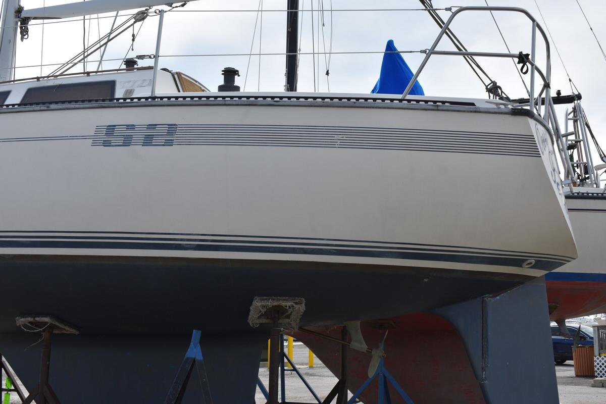 1987 S2 9.2A sailboat on a stand, out of the water.