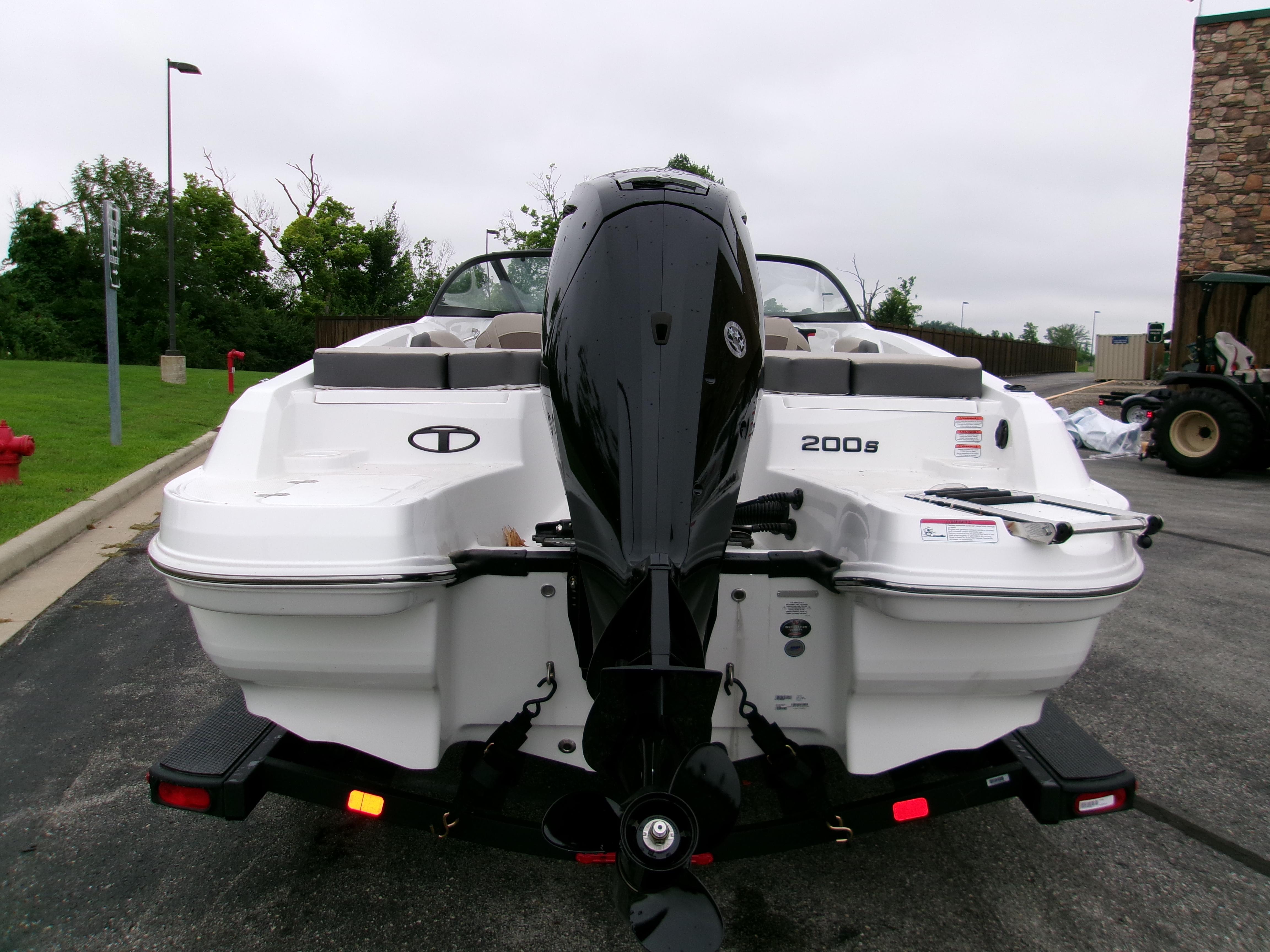 2025 Tahoe 200 S boat, rear view with outboard motor, parked on pavement.