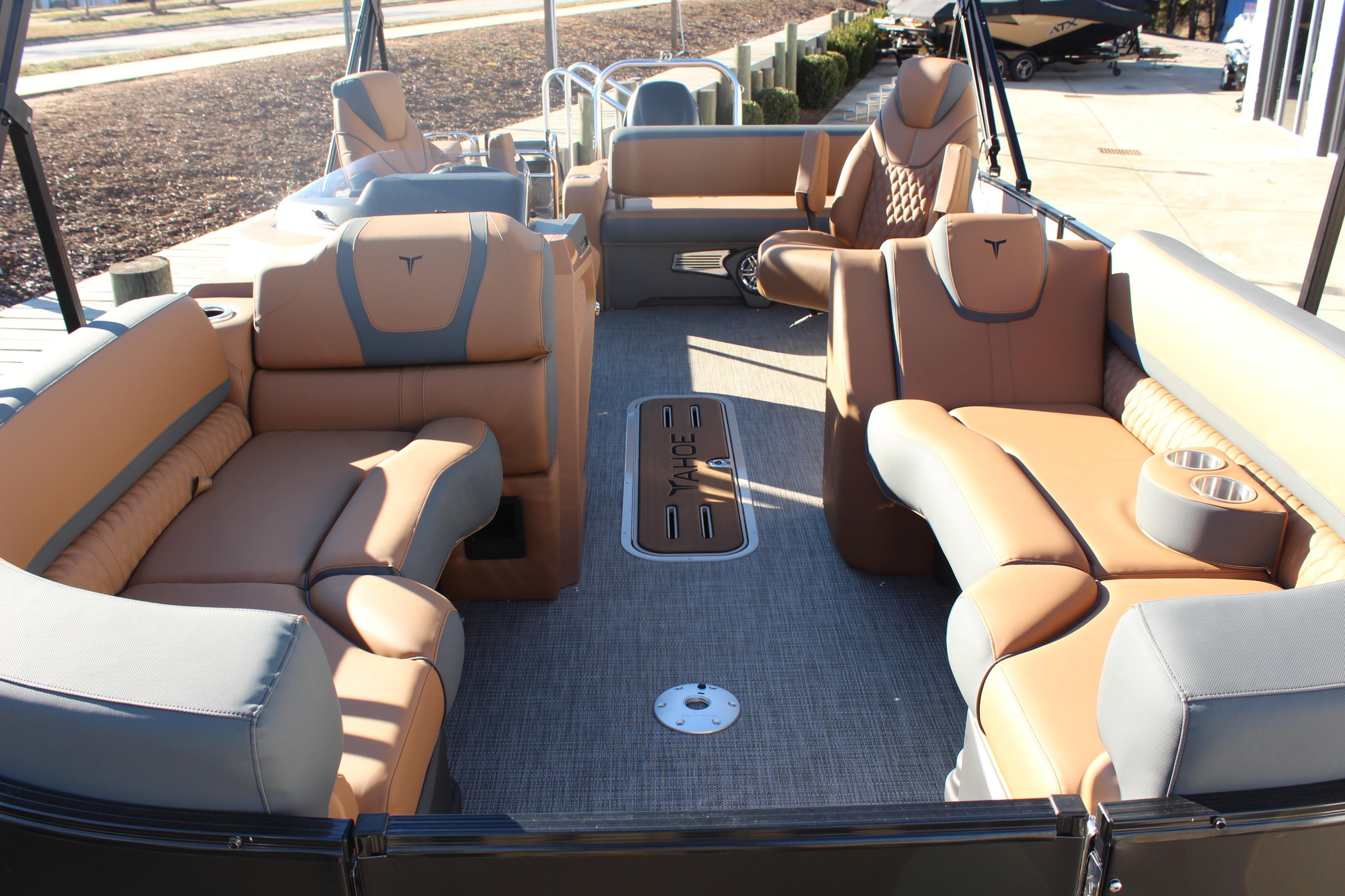 2026 Tahoe Pontoon Cascade Versatile Rear Bench with luxurious tan seating and spacious layout.