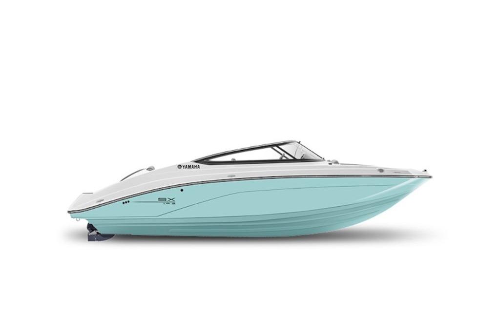 2026 Yamaha Boats SX195, sleek design, light blue hull, side view.