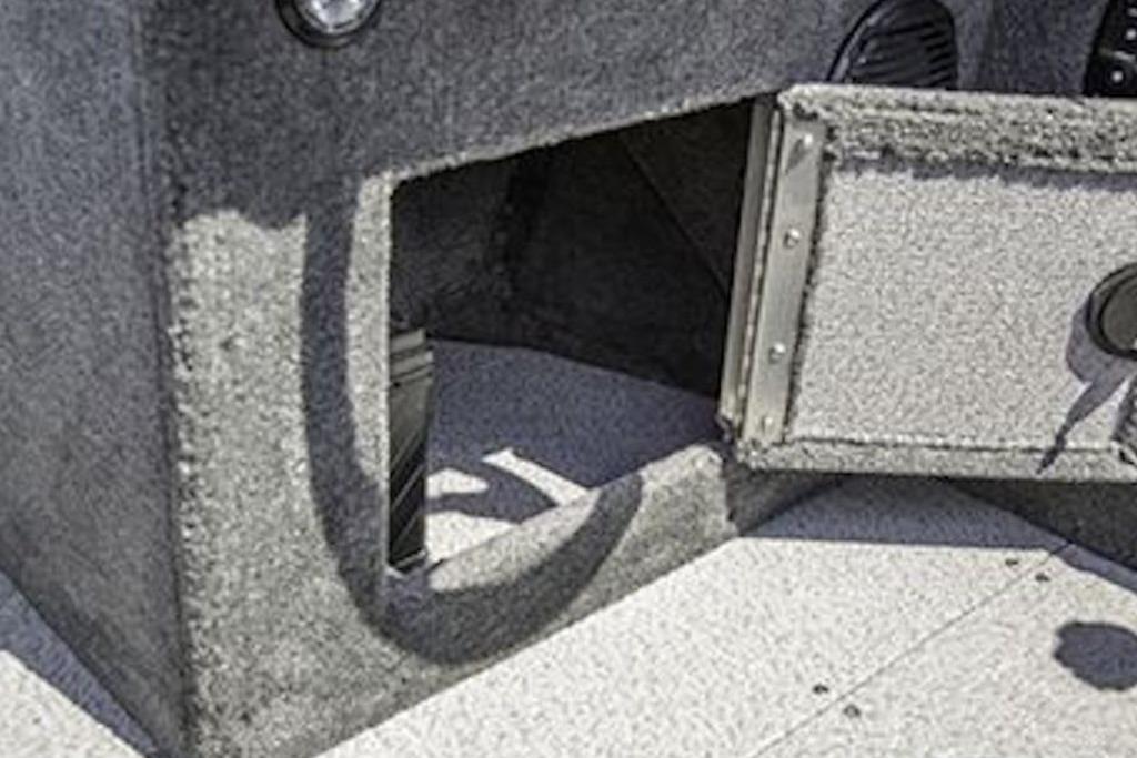 Interior storage compartment of 2026 Crestliner 2050 Authority boat.