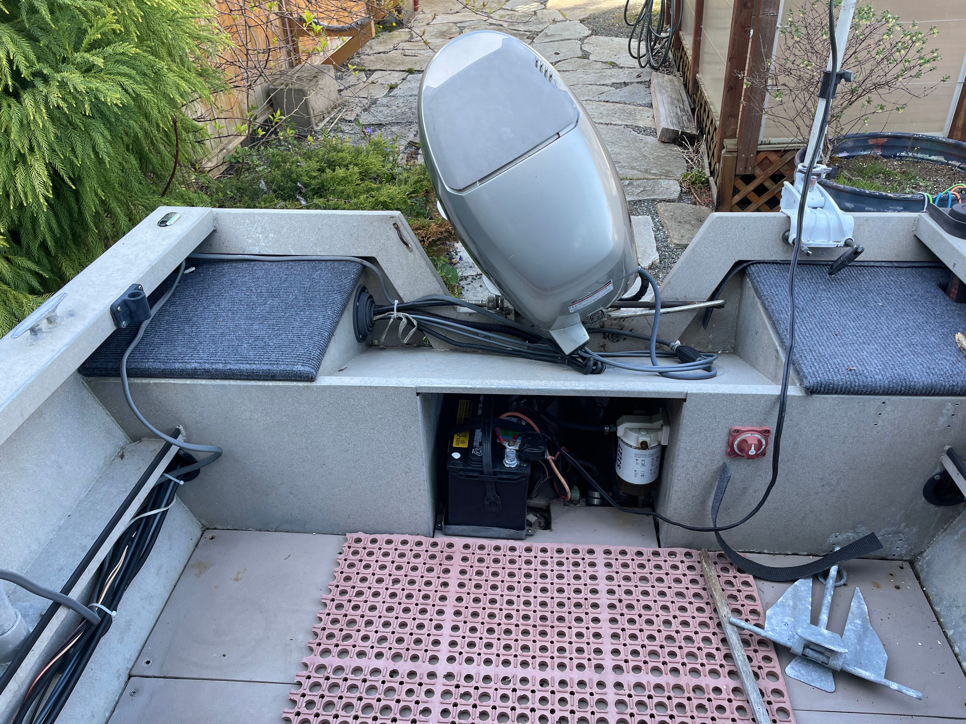 The image shows the stern of an Alumaweld Stryker boat with an outboard motor.