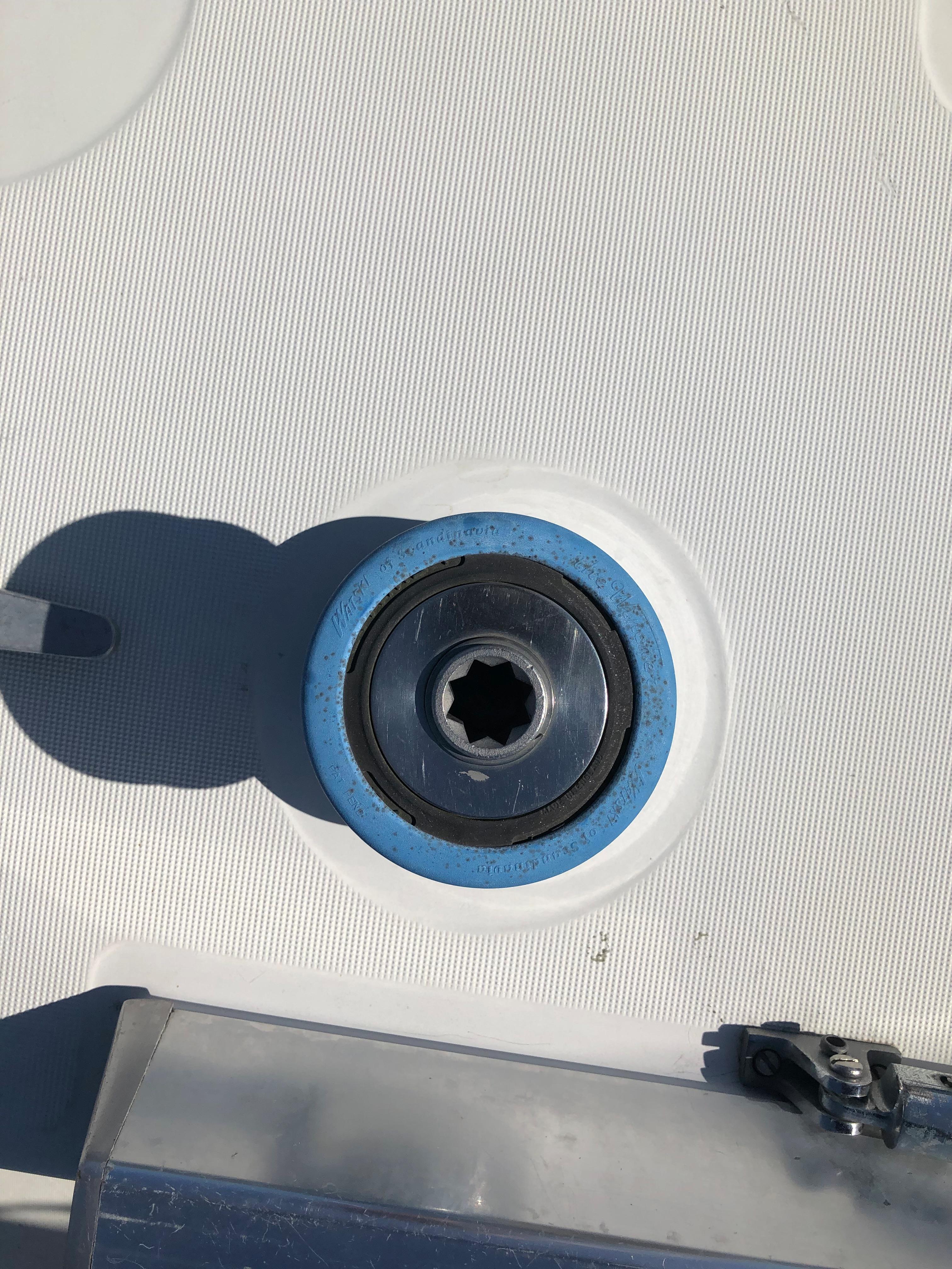 Deck fitting on 1985 Beneteau First 345 sailboat.