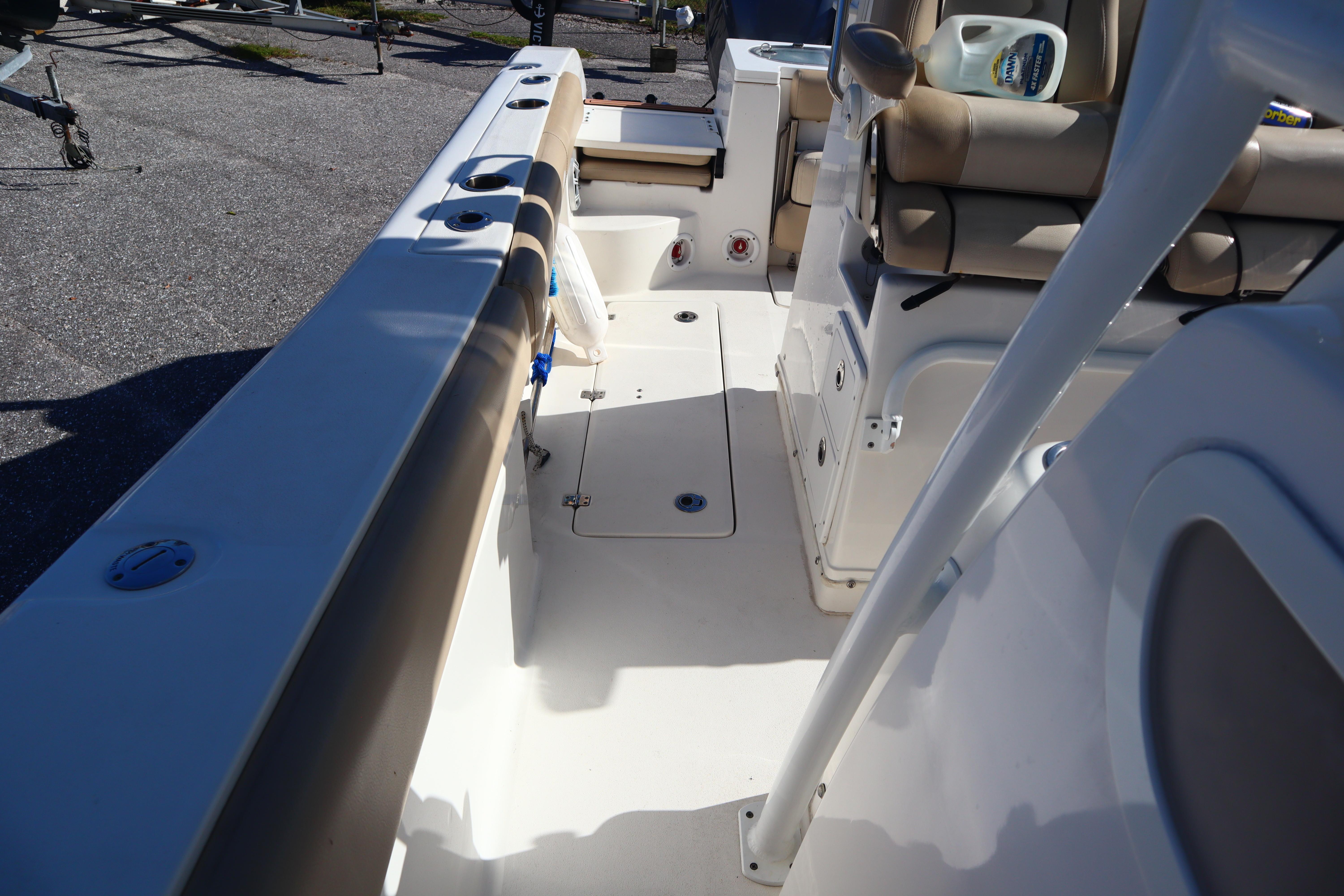 2017 Sea Fox 288 Commander boat interior with seating and deck view.
