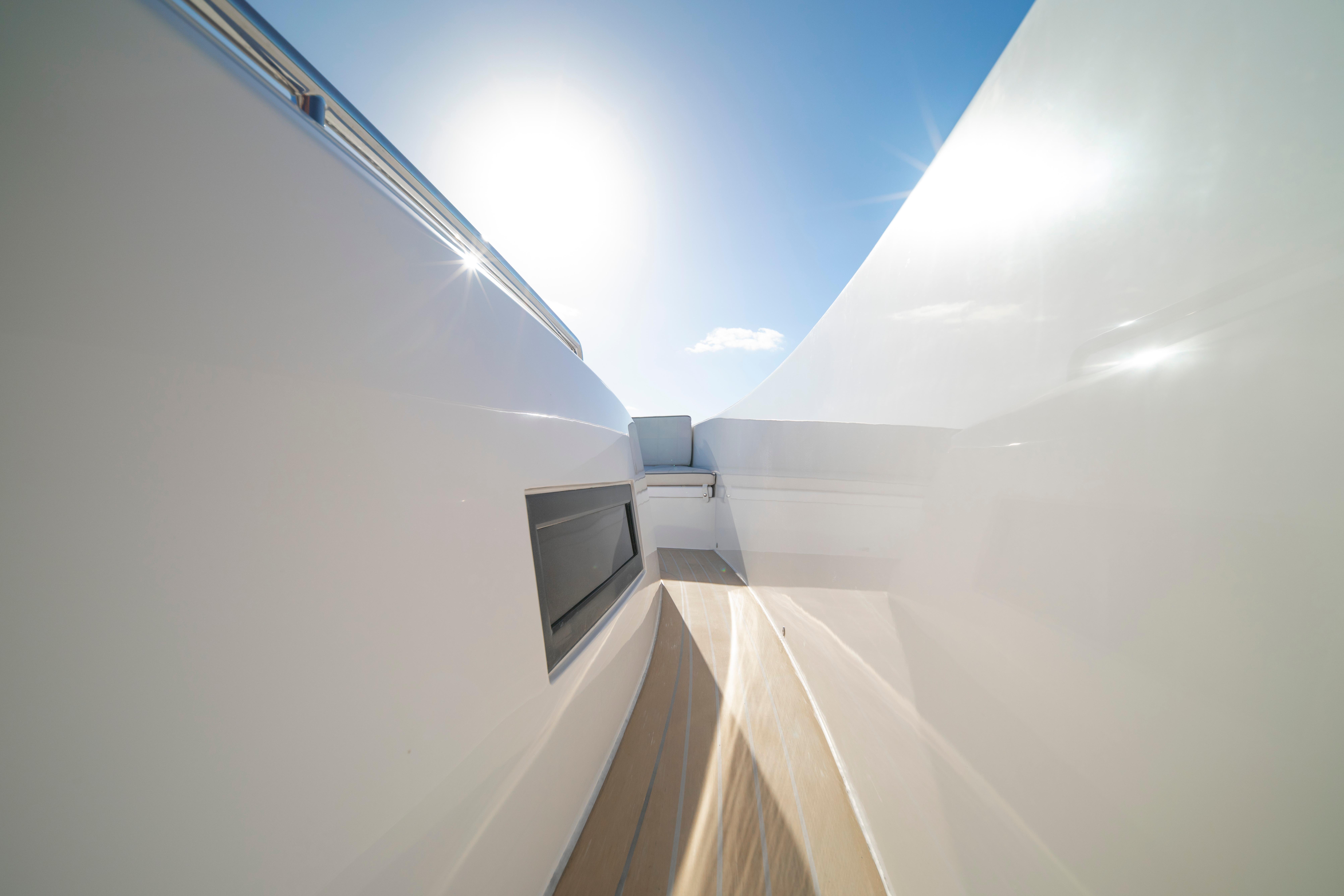 2024 Pardo Yachts P43 deck view under bright sun and clear sky.