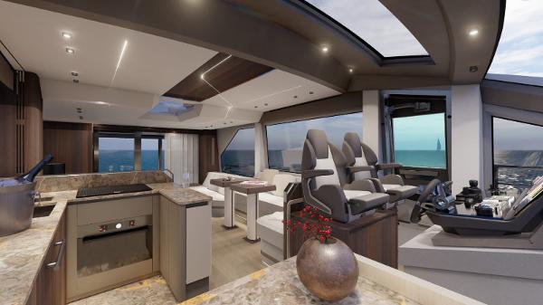 Luxurious interior of 2025 Aicon Vivere 68 yacht with modern design and ocean view.