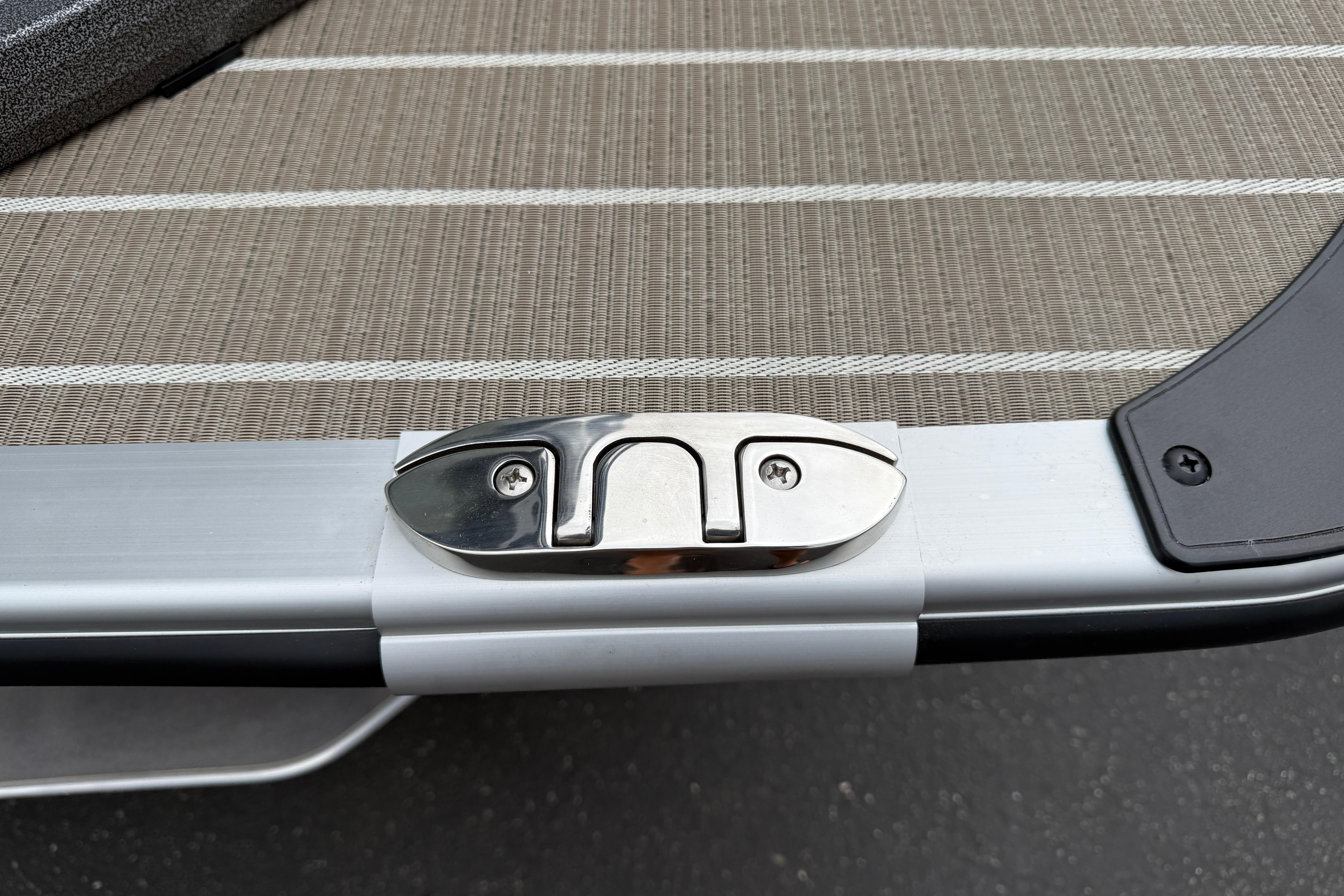 2026 Bentley Pontoons Elite 253 Admiral deck detail with stainless steel hardware.