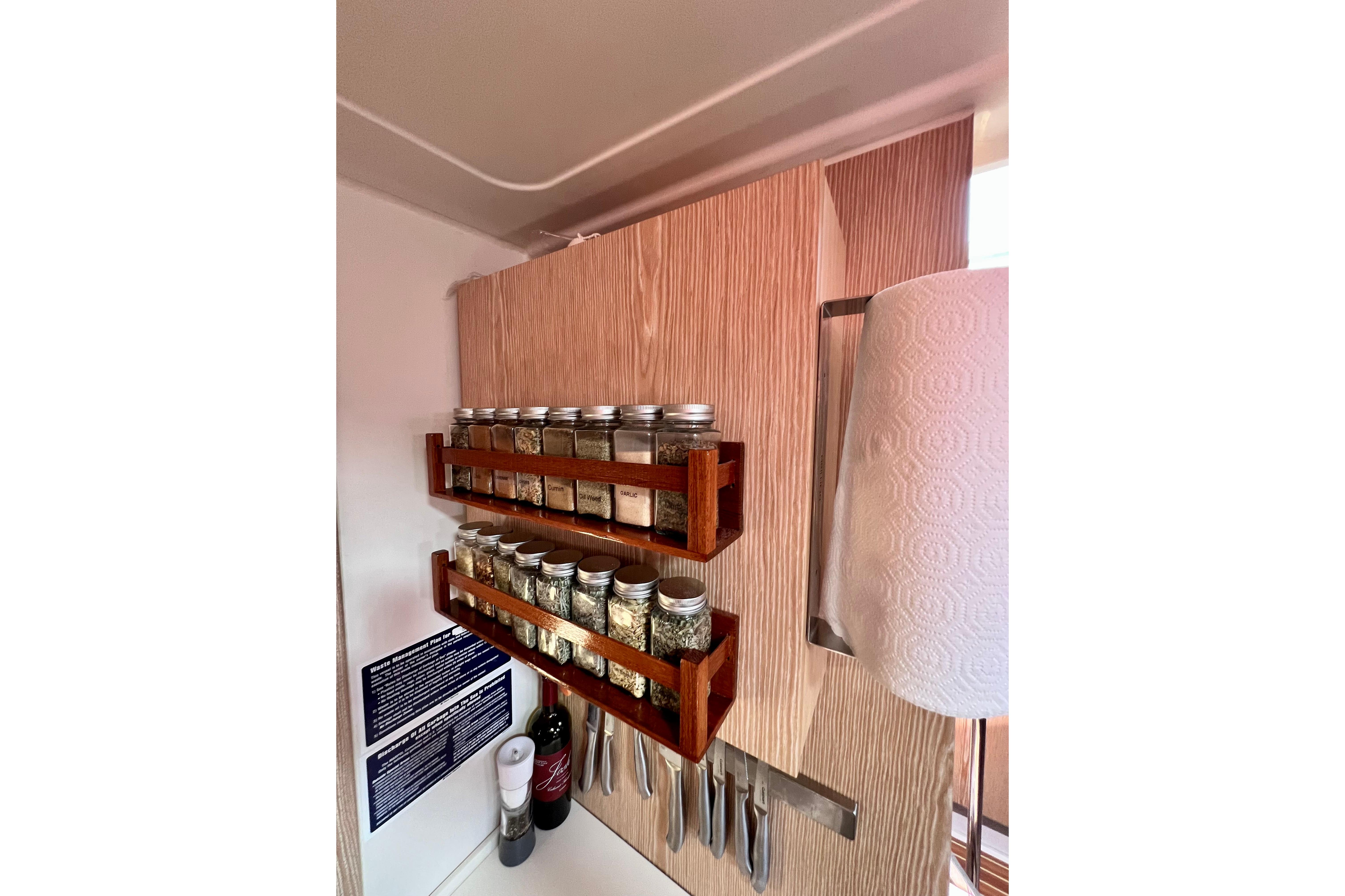 Spice rack and paper towel holder in 2016 Hanse 455 yacht kitchen.