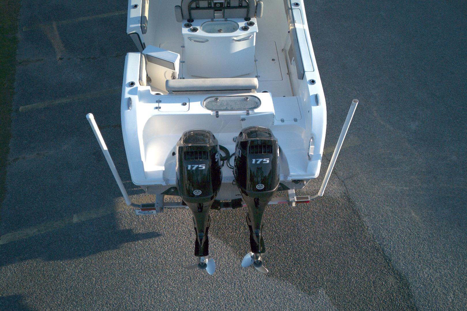 2021 Sea Pro 259 Center Console boat with dual 175 horsepower engines, aerial view.