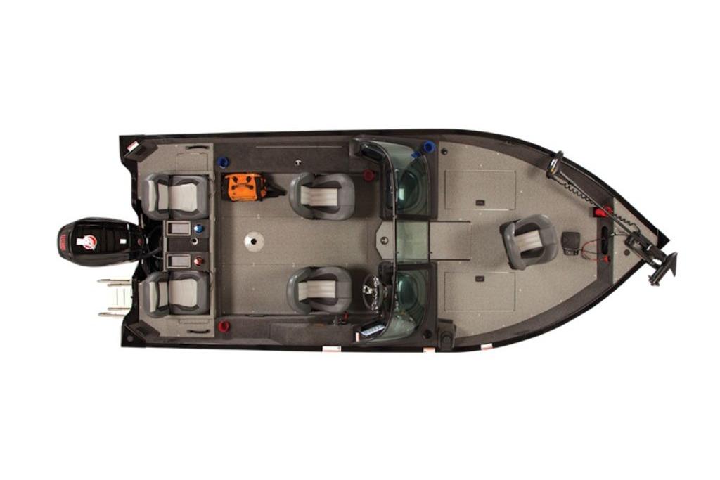 Top view of 2026 Lowe Fishing Machine 175 boat layout with seating and equipment.